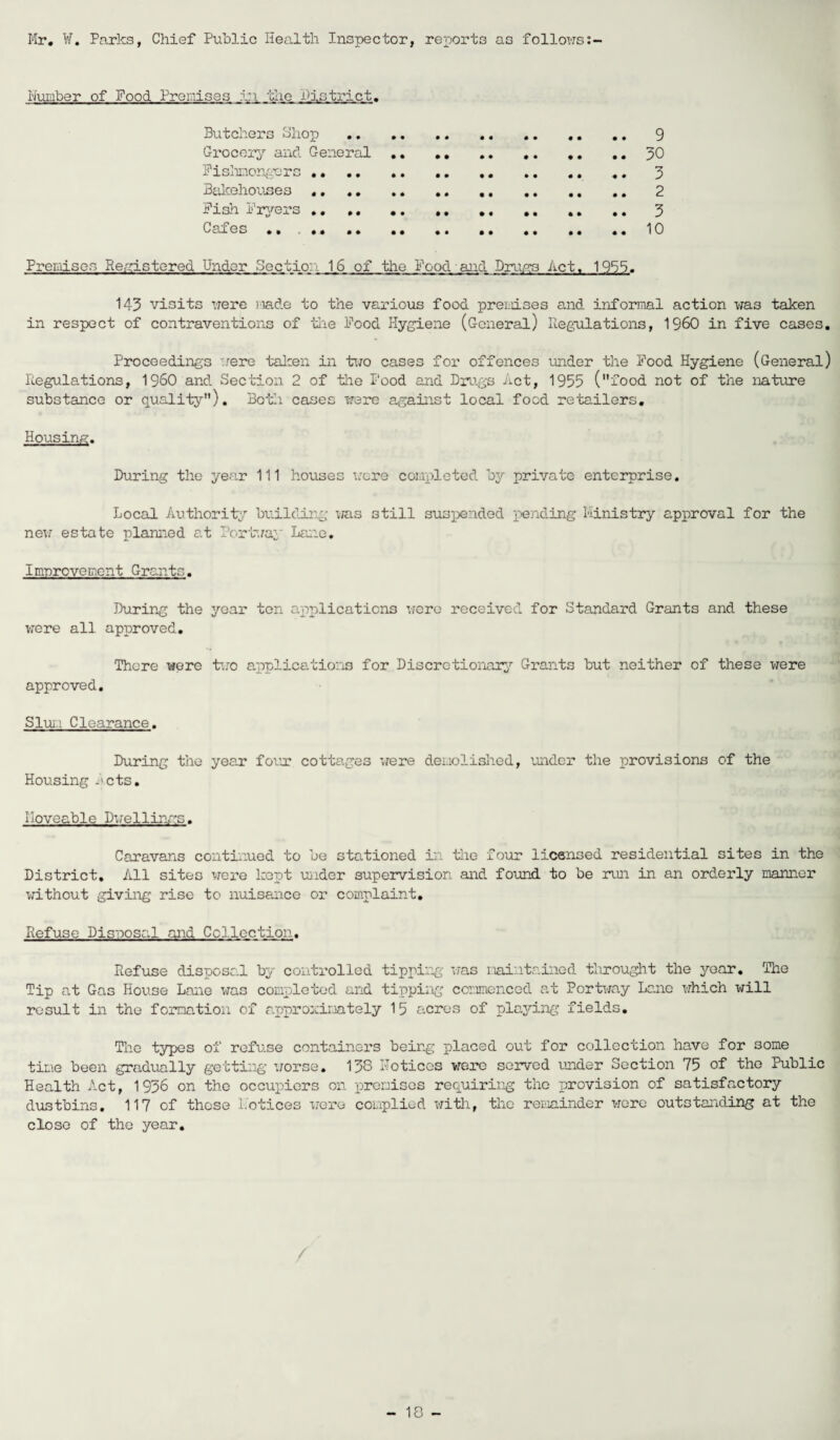 Mr. W. Parks, Chief Public Health Inspector, reports as follows Number of Food Promises in the District. Butchers Shop . 9 Grocery and General. .. .. .. 30 Fishmongers .. 3 Bakehouses ... 2 Fish Fryers .. ,. ., .. ,. ,. 3 Cafes .. .. .. .. .. .. ..10 Premises Herdstered Under Lectio: 16 of the Food and Drugs Act. 1955. 143 visits were made to the various food premises and informal action was taken in respect of contraventions of the Food Hygiene (General) Regulations, I960 in five cases. Proceedings -rere taken in too cases for offences binder the Food Hygiene (General) Regulations, I960 and Section 2 of the Food and Drugs Act, 1955 (food not of the nature substance or quality). Both cases were against local food retailers. Housing. During the year 111 houses were completed by private enterprise. Local Authority building was still suspended pending Ministry approval for the new estate planned at Portoay Lane. Improvement Grants. During the year ton applications were received for Standard Grants and these were all approved. There were tiro applications for Discretionary Grants but neither of these were approved. Slum Clearance. During the year four cottages were demolished, under the provisions of the Housing nets. Moveable Dwellings. Caravans continued to be stationed in toe four licensed residential sites in the District, All sites were kept under supervision and found to be run in an orderly manner without giving rise to nuisance or complaint. Refuse Disposal and Collection. Refuse disposal by controlled tipping was maintained throught the year. The Tip at Gas House Lane was completed and tipping commenced at Portoay Lane which will result in the formation of approximately 15 acres of playing fields. The types of refuse containers being placed out for collection have for some time been gradually getting worse. 138 Notices were served under Section 75 of the Public Health Act, 1936 on the occupiers on premises requiring the provision of satisfactory dustbins. 117 of those Notices were complied with, toe remainder were outstanding at the close of the year. /