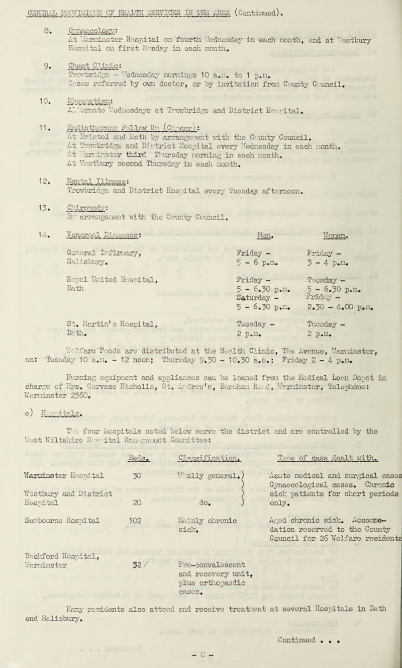 GBISRiJ; PnOVISICIiS OB HBiXTII oBaYICES HI THB iJlEil (Continuod). 0, GiaccoloCT: At 'J'r.rrdaistGr Hospital on fourth ’Jcdnosdaj^ in each nonth, and at ’ostbury Hosnital on first M'-nday in each nonth. 9. Ghost C/iiiic: TroubridGc - ''^odnesday nomings 10 a.n, to 1 p.n, CosGs rcforred by oim doctor, or bj'- invitation fron County Cr.uncil, 10. 11. Rhou.yitisu: Alo'cmato hodnosdays at Tno;;brid/;;G and District Ho^n-ital. Radiothoraw Follow U-' (Cancer j: At Bristol aiid Bath by arrangonent uith the Cv-unty Council, At ?ro::bridge and D.-.^ti-ict Hospital every HedneGda3^ in each nonth. At ’..’an'i-nster third Thuirsday noming in each nonth. At biostbury second Tliursda-y in each nonth. 12. Mental Illness: Troubridgo and District Hosy-dtal ever^' liicsday aftomoon. 13. Chlronodv: J3--‘ arrangenent xrith the Cotuity Ccnuicil. Voneroa^ Diseases: Men, Uonen. General I-'fimary, 3al5 sburj'. Friday - 5-6 p.n. Friday - 3-4 p.io. Royal United Hssnital, Batli Friday - 5 - 6.30 p.n, Saturday - 5 - 6,30 p.n. T^.'csday - 5 - 6,30 p.n, FricR-y - 2,30 - 4.00 p.n. St. Martin'o Hospital, Br til. Tuesday - 2 p.n. Tuesday - 2 p.n. Molfajre Poods arc distributed at the Hoaltli Clinic, The Avenue, Marninstcr, on: Tuesday'- 10 a.n, - 12 noon; Thursday 9.30 - 10.30 a.n,; Friday 2-4 p,n* ITi’rsing oquiprient and appliaiicos can be loaned fron the tlcdical Loan Depot in charge of Mrs. Gervase Nicholls, St. S.''Cxov'r, Borohai.i d, bi''.minstcr, Telephone: b'arninster 2360. 0 H ■ s/'-itals. 'Pr foiu? hospitals noted belou serve the district and are controlled by the hh-’st Hiltshire Il'S'- ital Man genent CoLinittee: Beds. Cl^ ssification. To-'c of case dealt t/ith. VJaminetcr Hospital 30 Hestbury and District Hospital ' 20 IR'clly general. do. ) ) ) ) Acute nodical and siArgical cases Gynaecological cases, Clironic sicl: patients for short periods only. Sa'boume Hospital 102 li'iinly clironic Rged chronic sick, Accouno— j sick, dation reserved to tlie County Council for 26 Hclfare residents Bcclcford Hospital, u-arrjinster 32 / Pre-convalescent and recovery unit, plus ortlaopaodic cases. Ilonj'' residents also attend end receive treatisent at several Hospitals in Bs.th and Salisbury, Continued , , •