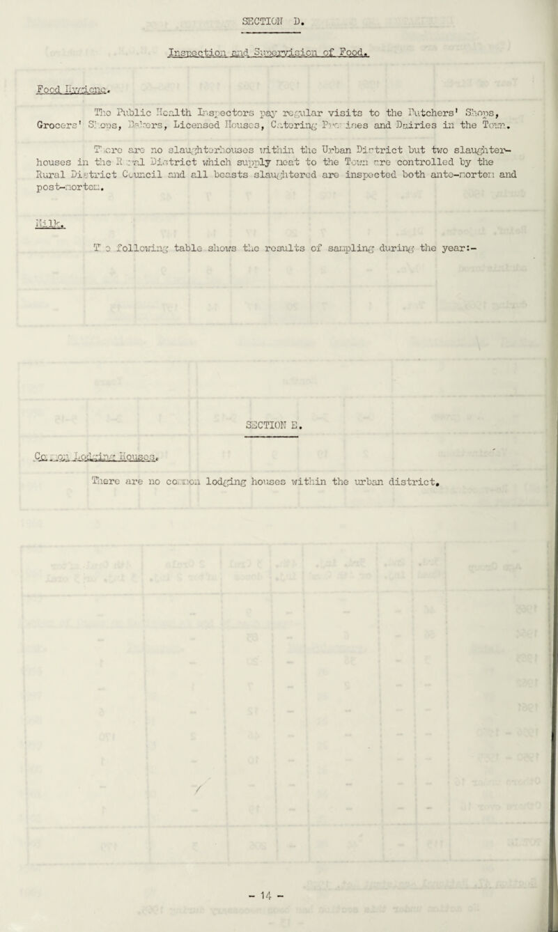 Insnoction c:.id. Sivoox'viGicn of Food. Food Iiyz-acnc, Tlio Public HcoJ-th PuBj-ectors pay regular visits to the Putchers' Shops, Grocers' S].qus, Pahors, Licensed Houses, Catorinf^ Pi'c- iaes and Dairies in the Tovn., T^.-crc arc- no slaughterhouses \rithin the Urban District but tv:o slaughter¬ houses in the P ;:'.al Di,-;trict v;hich suxrily neat to the Toun are controlled by the Rural District C'„uncil and all beasts slau{;hterod are inspected both ante-norten and post-norten. Hi Ik. r 0 following table shows the results of saiupling durin^^ the year:- SECTIOK E. r.on Loclain.r Houses, Tnere are no corxion lodging houses within the urban district. /