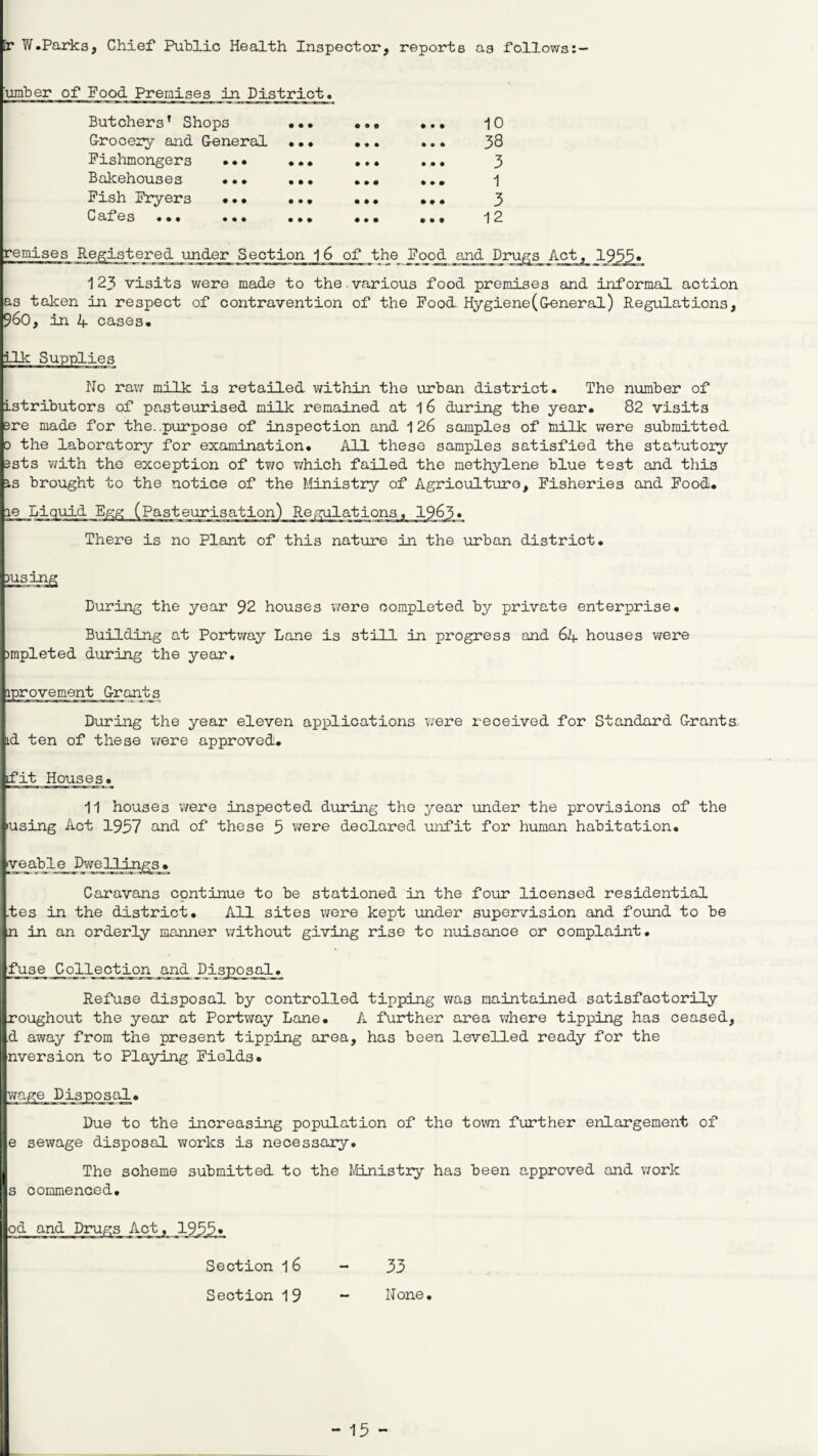 Cr W.Parks, Chief Public Health Inspector, reports as follows:— 'umber of Food Premises in District. Butchers’ Shops ••• Grocery and G-eneral ... Fishmongers .•• ... Bakehouses ... ... Fish Fryers ... ... C af es ... ... ... 10 38 3 1 3 12 remises Registered under Section l6 of the Food and Drugs Act, 1955. 123 visits were made to the.various food premises and informal action as taken in respect of contravention of the Food. Hygiene (G-eneral) Regulations, 960, in 4 cases. ilk Supplies No raw milk is retailed within the urban district. The number of istributors of pasteurised milk remained at 16 during the year. 82 visits 3re made for the. purpose of inspection and 126 samples of milk were submitted 0 the laboratory for examination. All these samples satisfied the statutory 3sts with the exception of two which failed the methylene blue test and this is brought to the notice of the Ministry of Agriculturo, Fisheries and Food. le Liquid Egg Regulations, 1963 < There is no Plant of this nature In the urban district. During the year 92 houses were completed by private enterprise. Building at Portway Lane is still in progress and 64 houses were )mpleted during the year. iprovement G-rants During the year eleven applications were received for Standard G-rants. id ten of these were approved. if it Houses. 11 houses were inspected during the year under the provisions of the fusing Act 1957 and of these 5 v/ere declared unfit for human habitation. yeable Dwellings . Caravans continue to be stationed in the four licensed residential .tes in the district. All sites were kept under supervision and found to be n in an orderly manner without giving rise to nuisance or complaint. fuse Collection and Disposal. Refuse disposal by controlled tipping was maintained satisfactorily roughout the year at Portway Lane. A further area where tipping has ceased, d away from the present tipping area, has been levelled ready for the nversion to Playing Fields. wage Disposal. Due to the increasing population of the town further enlargement of e sewage disposal works is necessary. The scheme submitted to the Ministry ha3 been approved and work s commenced. Act. 1955. Section 16 Section 1 9 33 None.
