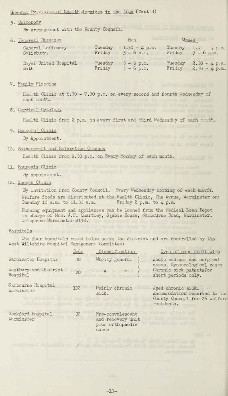 5- Chiropody By arrangement with tlie County Council. Venereal Diseases Men Women General Infirmary 'Salisbury. Tuesday Friday 1.30 - 4 p.m. 3-6 p.m. Tuesday Friday l»y-• 4 p.„m. 3-6 p.m. Royal United Hospital Bath Tuesday Friday 5-6 p.m. 5-6 p.m. Tuesday Friday 2.30 - 4 p.m. 2.30 - 4 p.m. 7. Family Planning Health Clinic at 6.30 - 7.30 p.m. on every second and fourth Wednesday of each month. 8. Cervical Cytology Health Clinic from 2 p.m. on every first and third Wednesday of each month. 9. Smokers' Clinic By Appointment. 10. Mothercraft and Relaxation Classes Health Clinic from 2.30 p.m. on Every Monday of each month. 11. Enuresis Clinic By appointment. 12. Speech Clinic By invitation from County Council. Every Wednesday morning of each month. ’Welfare foods are distributed at the Health Clinic, The Avnue, Warminster on: Tuesday 10 a.m. to 11.30 a.m. Friday 2 p.m. to 4 p.m. Nursing equipment and appliances can be loaned from the Medical Loan Depot in charge of Mrs. J.P. Quartley, Stable House, Sambourne Road, Warminster. Telephone Warminster 2193. Hospitals The four hospitals noted below serve the district and are controlled by the West Wiltshire Hospital Management Committee: Beds Classification Type of case dealt with Warminster Hospital 30 Wholly general ) ) Acute medical and surgical cases. Gynaecological cases Westbury and District 20 it n ) Chronic sick patents for Hospital ) short periods only. Sambourne Hospital Warminster 102 Mainly chronic sick. Aged chronic sick. Accommodation reserved to the County Council for 26 welfare residents. Beckford Hospital Warminster 32 Pre-convalescent and recovery unit plus orthopaedic cases / -10-