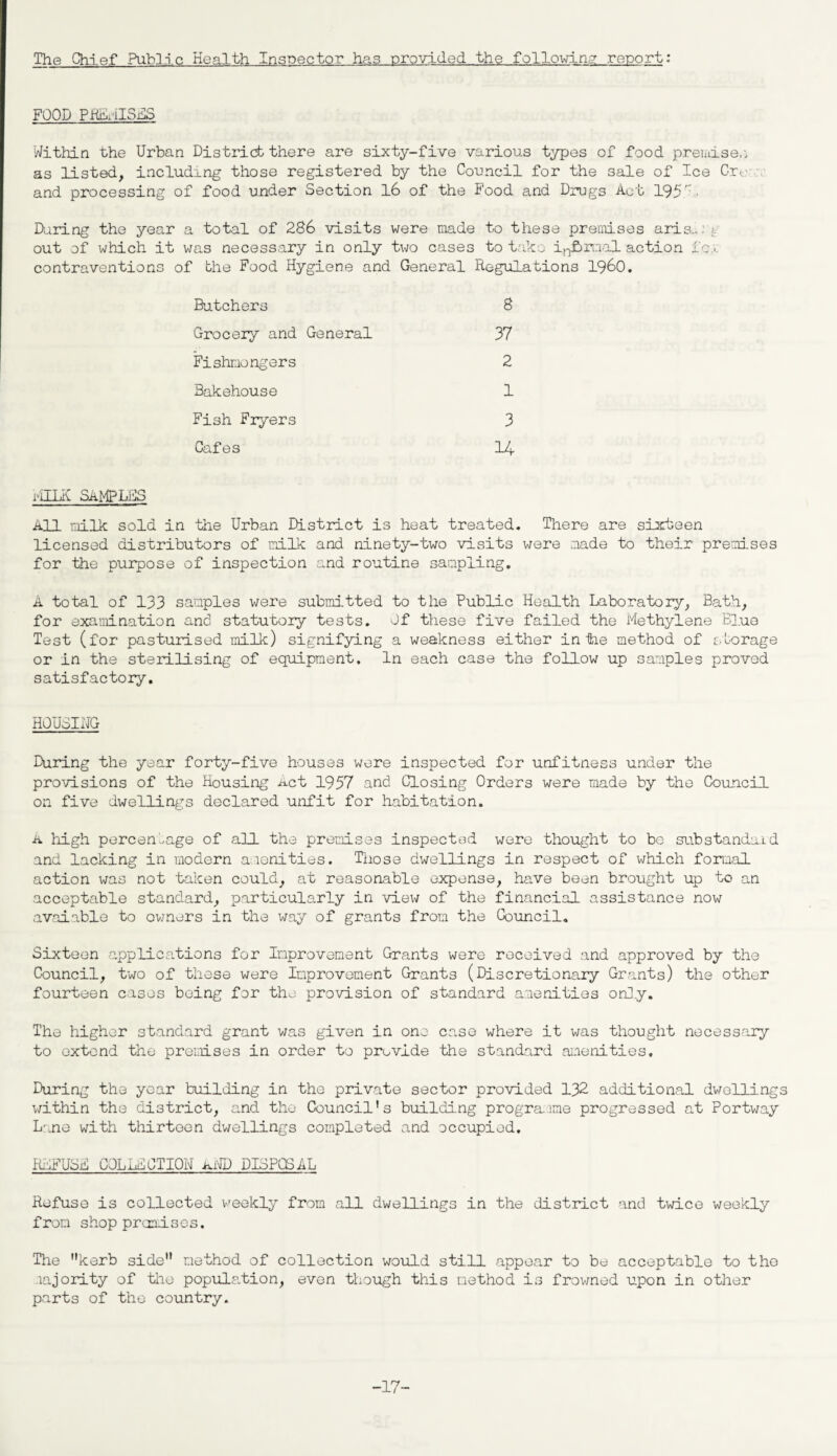 The Chief Public Health Inspector has provided the following report: FOOD PRuiISBS Within the Urban District there are sixty-five various types of food premise,: as listed, including those registered by the Council for the 3ale of Ice Crt: and processing of food under Section 16 of the Food and Drugs Act 195 During the year a total of 286 visits were made to these premises aris.m t out of which it was necessary in only two cases to take in£>rmal action ic.;. contraventions of the Food Hygiene and General Regulations i960. Butchers 8 Grocery and General 37 Fishmongers 2 Bakehouse 1 Fish Fryers 3 Cafes 14 lilLiv SAMP LBS All milk sold in the Urban District is heat treated. There are sixteen licensed distributors of milk and ninety-two visits were made to their premises for the purpose of inspection and routine sampling. A total of 133 samples were submitted to the Public Health Laboratory, Bath, for examination and statutory tests. Of these five failed the Methylene Blue Test (for pasturised milk) signifying a weakness either in tie method of storage or in the sterilising of equipment. In each case the follow up samples proved satisfactory. HQU3IIJG During the year forty-five houses were inspected for unfitness under the provisions of the Housing Act 1957 and Closing Orders were made by the Council on five dwellings declared unfit for habitation. a high percentage of all the premises inspected were thought to bo substandard and lacking in modern amenities. Those dwellings in respect of which formal action was not taken could, at reasonable expense, have been brought up to an acceptable standard, particularly in view of the financial assistance now aval able to owners in the way of grants from the Council. Sixteen applications for Improvement Grants were received and approved by the Council, two of these were Improvement Grants (Discretionary Grants) the other fourteen cases being for the provision of standard amenities only. The higher standard grant was given in one case where it was thought necessary to extend the premises in order to provide the standard amenities. During the year building in the private sector provided 132 additional dwellings within the district, and the Council’s building programme progressed at Portway Lane with thirteen dwellings completed and occupied. RLFU8B COLLECTION aND DISPOSAL Refuse is collected weekly from all dwellings in the district and twice weekly from shop promises. The kerb side method of collection would still appear to be acceptable to the lajority of the population, even though this method is frowned upon in other parts of the country. -17-