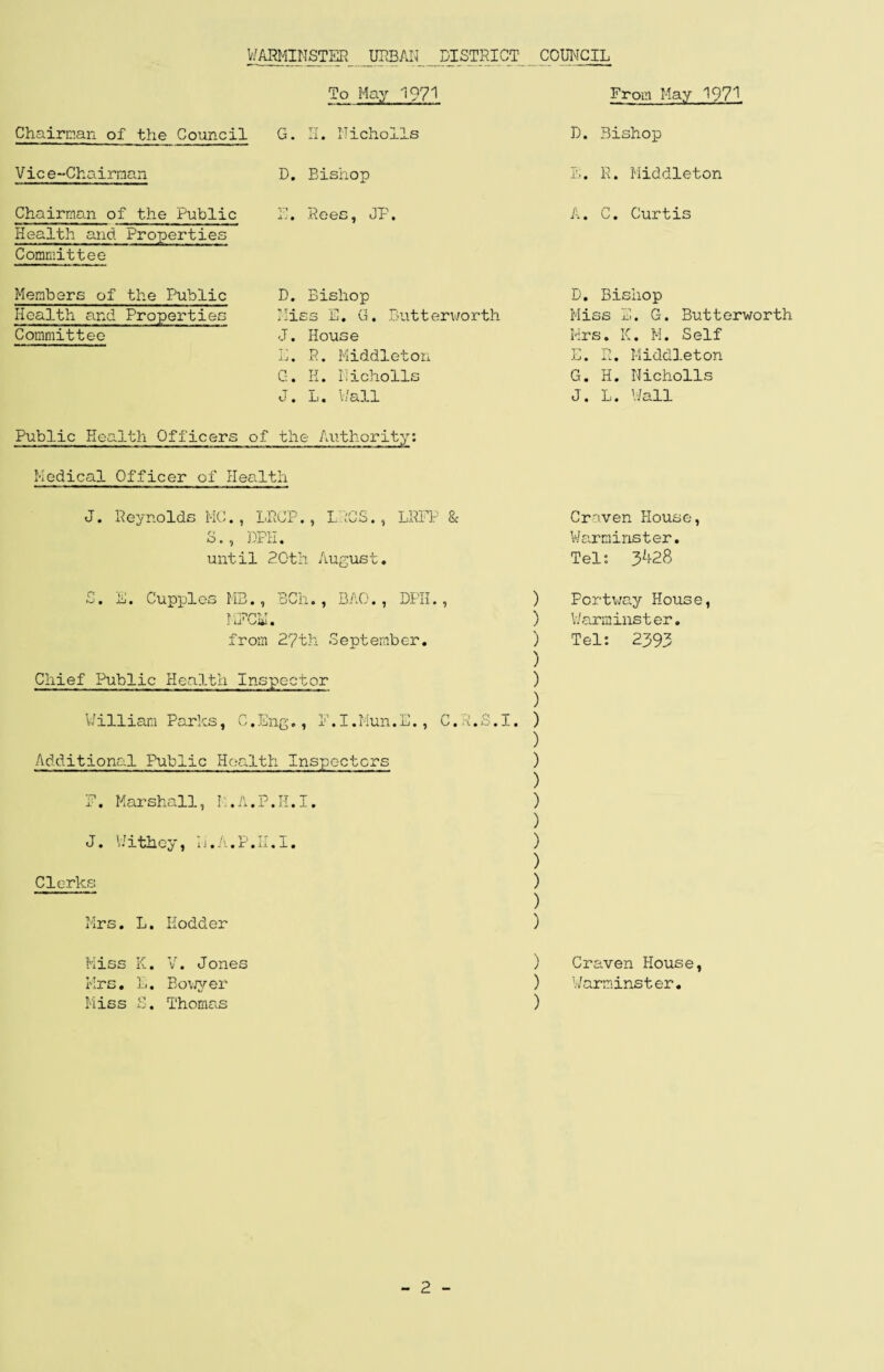 To May 1971 From May 197^ Chairman of the Council G. H. ITicholls D. Bishop Vic e-Chairnan Chairman of the Public Health and Properties Committee Members of the Public Health and Properties Committee D. Bishop E. Rees, JP. D. Bishop Miss E. G. Butterworth J. House E. E. Middleton G. H. Ilicholls J. 1j . './all E. R. Middleton A. C. Curtis D. Bishop Miss E. G. Butterworth Mrs. K. M. Self E. R. Middleton G. H. Nicholls J. L. Wall Public Health Officers of the Authority: Medical Officer of Health J. Reynolds MC., LRCP., LEGS., LRPP & S., DPH. until 20th August. Craven House, Warminster. Tel: 3^28 S. E. Cupples MB., BCh., BAO., DPH., MFCH. from 27th September. Chief Public Health Inspector William Parks, C.Eng., E.I.Mun.E., C.E Additional Public Health Inspectors E. Marshall, I:.A.P.H.I. J. V/ithoy, Ij.A.P.II.I. Clerks Mrs. L. Hodder Miss K. V. Jones Mrs. L. Bowyer Miss S. Thomas ) ) ) ) ) ) I. ) ) ) ) ) ) ) ) ) ) ) ) ) ) Portway House, Warminster. Tel: 2393 Craven House, Warminster. 2