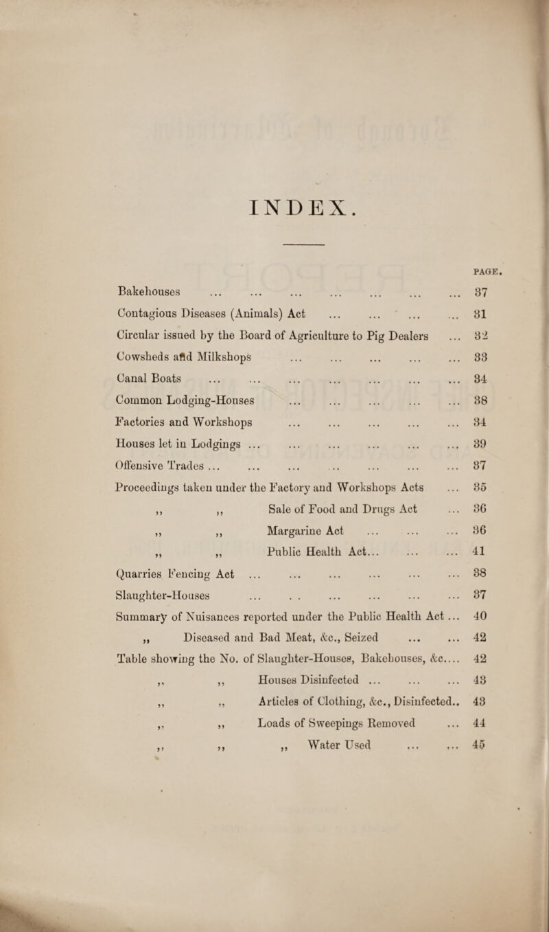 INDEX. PAGE. Bakehouses . Contagious Diseases (Animals) Act Circular issued by the Board of Agriculture to Pig Dealers Cowsheds aftd Milkshops Canal Boats ... . Common Lodging-Houses Factories and Workshops Houses let in Lodgings ... Offensive Trades ... Proceedings taken under the Factory and Workshops Acts ,, ,, Sale of Food and Drugs Act ,, ,, Margarine Act ,, „ Public Health Act... Quarries Fencing Act Slaughter-Houses Summary of Nuisances reported under the Public Health Act ... ,, Diseased and Bad Meat, &c., Seized Table showing the No. of Slaughter-Houses, Bakehouses, &c.... ,, ,, Houses Disinfected ... ,, ,, Articles of Clothing, &c., Disinfected.. ,, ,, Loads of Sweepings Removed ,, ,, ,, Water Used 37 31 32 33 34 38 34 39 37 35 3G 36 41 38 37 40 42 42 43 43 44 45