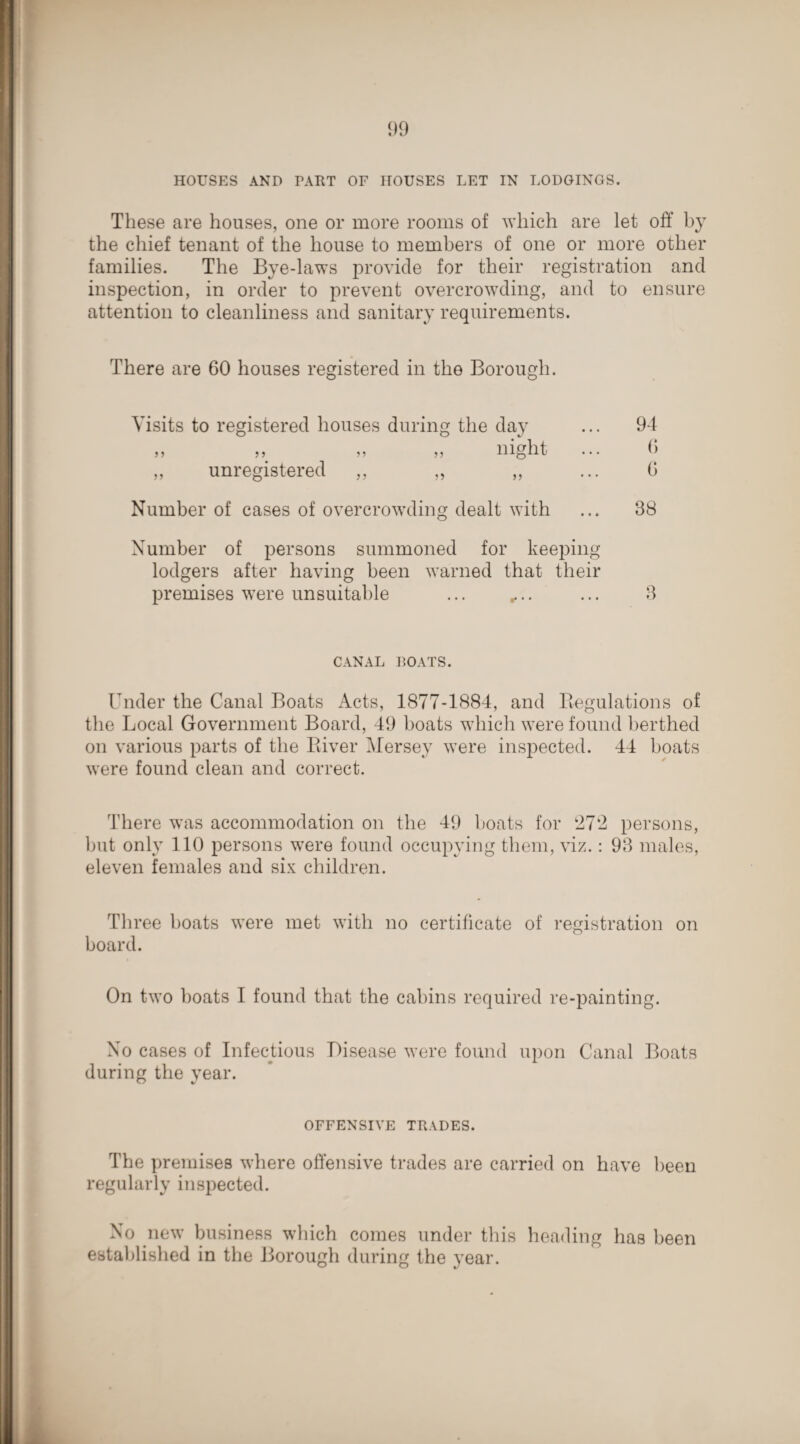 HOUSES AND TART OF HOUSES LET IN LODGINGS. These are houses, one or more rooms of which are let off by the chief tenant of the house to members of one or more other families. The Bye-laws provide for their registration and inspection, in order to prevent overcrowding, and to ensure attention to cleanliness and sanitary requirements. There are 60 houses registered in the Borough. Visits to registered houses during the day >, ? ? » „ night unregistered 94 6 6 Number of cases of overcrowding dealt with ... 38 Number of persons summoned for keeping lodgers after having been warned that their premises were unsuitable ... ,... ... 3 CANAL BOATS. Under the Canal Boats Acts, 1877-1884, and Regulations of the Local Government Board, 49 boats which were found berthed on various parts of the River Mersey were inspected. 44 boats were found clean and correct. There was accommodation on the 49 boats for 272 persons, but only 110 persons were found occupying them, viz.: 93 males, eleven females and six children. Three boats were met with no certificate of registration on board. On two boats I found that the cabins required re-painting. No cases of Infectious Disease were found upon Canal Boats during the year. OFFENSIVE TRADES. The premises where offensive trades are carried on have been regularly inspected. No new business which comes under this heading has been established in the Borough during the year.