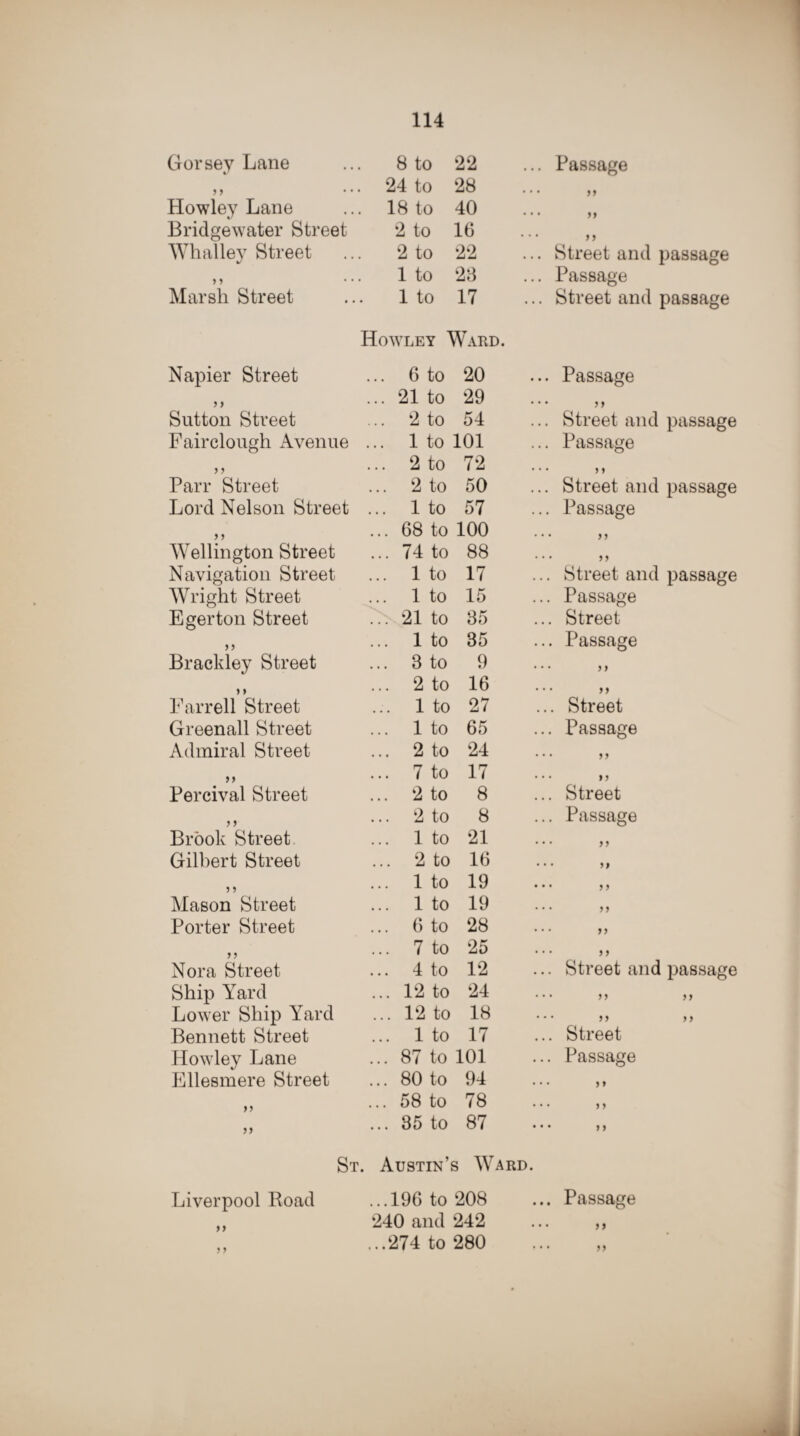 Gorsey Lane 8 to 22 ) > ... 24 to 28 Howley Lane 18 to 40 Bridgewater Street 2 to 16 Whalley Street 2 to 22 yy • • • 1 to 23 Marsh Street 1 to 17 Howley Ward. Napier Street ... 6 to 20 y y ... 21 to 29 Sutton Street ... 2 to 54 Fairclough Avenue ... 1 to 101 y y ... 2 to 72 Parr Street ... 2 to 50 Lord Nelson Street ... 1 to 57 5 5 ... 68 to LOO Wellington Street ... 74 to 88 Navigation Street ... 1 to 17 Wright Street ... 1 to 15 Egerton Street ... 21 to 35 tt ... 1 to 35 Braekley Street ... 3 to 9 y) ... 2 to 16 Farrell Street ... 1 to 27 Greenall Street ... 1 to 65 Admiral Street ... 2 to 24 tt ... 7 to 17 Percival Street ... 2 to 8 y y ... 2 to 8 Brook Street ... 1 to 21 Gilbert Street ... 2 to 16 5 y ... 1 to 19 Mason Street ... 1 to 19 Porter Street ... 6 to 28 y y ... 7 to 25 Nora Street ... 4 to 12 Ship Yard ... 12 to 24 Lower Ship Yard ... 12 to 18 Bennett Street ... 1 to 17 Howley Lane ... 87 to 101 Ellesmere Street ... 80 to 94 y y ... 58 to 78 yy ... 35 to 87 St. Austin’s W Liverpool Road ...196 to 208 y y 240 and 242 y y ,..274 to 280 Passage >> ft tt Street and passage Passage Street and passage . Passage • > t . Street and passage . Passage y y . Street and passage . Passage • • y y • • yy .. Street and passage .. Passage .. Street .. Passage • • y i • • yy .. Street .. Passage • ♦ tt • • tt .. Street .. Passage • • tt • • tt • • tt • • >> • • tt • • tt .. Street and passage • • >> tt tt tt .. Street .. Passage ■ • tt ■ • tt • • tt .. Passage yy > • yy