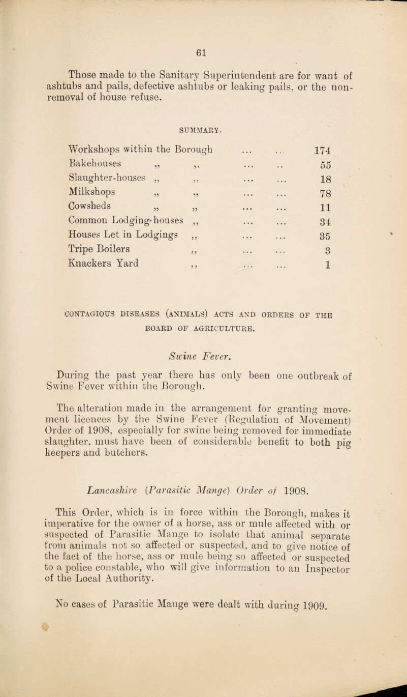 Those made to the Sanitary Superintendent are for want of ashtubs and pails, defective ashtubs or leaking pails, or the non¬ removal of house refuse. SUMMARY. Workshops within the Borough ... ... 174 Bakehouses „ ,, ... .. 55 Slaughter-houses ,, ,, ... ... ig Milkshops „ „ . 78 Cowsheds „ „ ... ... H Common Lodging-houses ,, ... ... 34 Houses Let in Lodgings ,, ... ... 35 Tripe Boilers ,, ... ... 3 Knackers Yard ,, ... ... 1 CONTAGIOUS DISEASES (ANIMALS) ACTS AND ORDERS OF THE BOARD OF AGRICULTURE. Swine Fever. During the past year there has only been one outbreak of Swine Fever within the Borough. The alteration made in the arrangement for granting move¬ ment licences by the Swine Fever (Regulation of Movement) Order of 1908, especially for swine being removed for immediate slaughter, must have been of considerable benefit to both pig keepers and butchers. Lancashire (Parasitic Mange) Order of 1908. This Order, which is in force within the Borough, makes it imperative for the owner of a horse, ass or mule affected with or suspected of Parasitic Mange to isolate that animal separate from animals not so affected or suspected, and to give notice of the fact of the horse, ass or mule being so affected or suspected to a police constable, who will give information to an Inspector of the Local Authority. No cases of Parasitic Mange were dealt with during 1909.