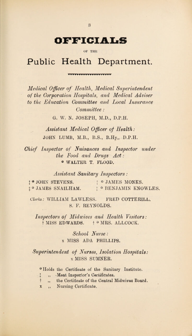 OFFICIALS OF THE Public Health Department. Medical Officer of Health, Medical Superintendent of the Corporation Hospitals, and Medical Adviser to the Education Committee and Local Insurance Committee: G. W. N. JOSEPH, M.D., D.P.H. Assistant Medical Officer of Health: JOHN LUMB, M.B., B.S., B.Hy., D.P.H. Chief Inspector of Nuisances and Inspector under the Food and Drugs Act: » WALTER T. FLOOD. Assistant Sanitary Inspectors: \ « JOHN STEVENS. t o JAMES MONKS. | * JAMES SNA1LHAM. J - BENJAMIN KNOWLES. Clerks: WILLIAM LAWLESS. FRED COTTERILL. S. F. REYNOLDS. t : ? Inspectors of Midwives and Health Visitors: t MISS EDWARDS. t * MRS. ALLCOCK. School Nurse: x MISS ADA PHILLIPS. Superintendent of Nurses, Isolation Hospitals: x MISS SUMNER. a Holds the Certificate of the Sanitary Institute. { ,, Meat Inspector’s Certificates, t ,, the Certificate of the Central Midwives Board, x ,, Nursing Certificate,