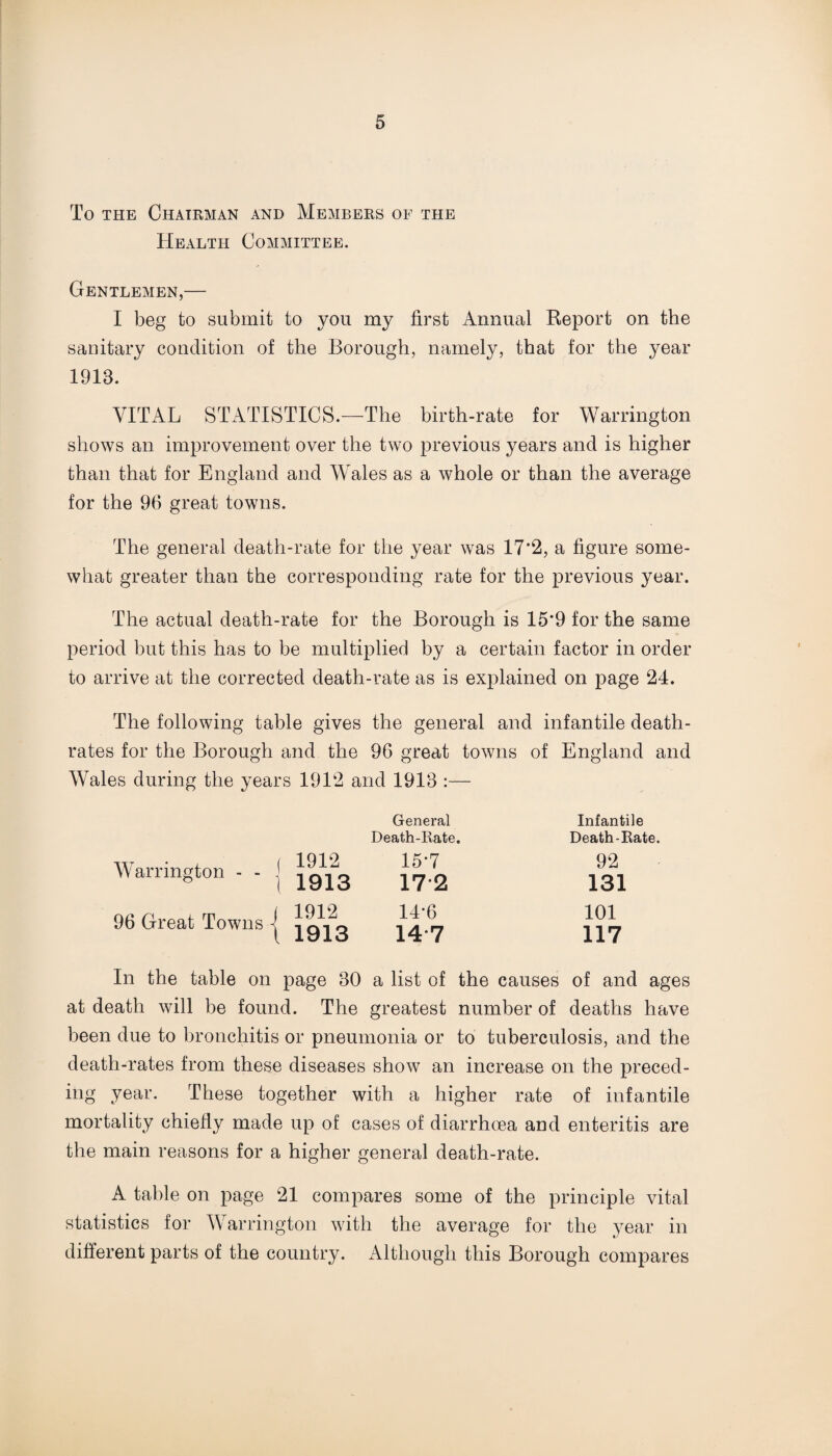 To the Chairman and Members of the Health Committee. Gentlemen,— I beg to submit to you my first Annual Report on the sanitary condition of the Borough, namely, that for the year 1913. VITAL STATISTICS.—The birth-rate for Warrington shows an improvement over the two previous years and is higher than that for England and Wales as a whole or than the average for the 96 great towns. The general death-rate for the year was 17*2, a figure some¬ what greater than the corresponding rate for the previous year. The actual death-rate for the Borough is 15*9 for the same period but this has to be multiplied by a certain factor in order to arrive at the corrected death-rate as is explained on page 24. The following table gives the general and infantile death- rates for the Borough and the 96 great towns of England and Wales during the years 1912 and 1913 :— General Death-Rate. Infantile Death-Rate. Warrington - - j 15-7 17*2 92 131 96 Great Towns j 19^3 14*7 101 117 In the table on page 30 a list of the causes of and ages at death will be found. The greatest number of deaths have been due to bronchitis or pneumonia or to tuberculosis, and the death-rates from these diseases show an increase on the preced¬ ing year. These together with a higher rate of infantile mortality chiefly made up of cases of diarrhoea and enteritis are the main reasons for a higher general death-rate. A table on page 21 compares some of the principle vital statistics for Warrington with the average for the year in different parts of the country. Although this Borough compares
