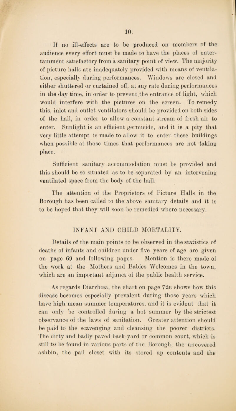 If no ill-effects are to be produced on members of the audience every effort must be made to have the places of enter¬ tainment satisfactory from a sanitary point of view. The majority of picture halls are inadequately provided with means of ventila¬ tion, especially during performances. Windows are closed and either shuttered or curtained off, at any rate during performances in the day time, in order to prevent the entrance of light, which would interfere with the pictures on the screen. To remedy this, inlet and outlet ventilators should be provided on both sides of the hall, in order to allow a constant stream of fresh air to enter. Sunlight is an efficient germicide, and it is a pity that very little attempt is made to allow it to enter these buildings when possible at those times that performances are not taking place. Sufficient sanitary accommodation must be provided and this should be so situated as to be separated by an intervening ventilated space from the body of the hall. The attention of the Proprietors of Picture Halls in the Borough has been called to the above sanitary details and it is to be hoped that they will soon be remedied where necessary. INFANT AND CHILD MOBTALITY. Details of the main points to be observed in the statistics of deaths of infants and children under five years of age are given on page 69 and following pages. Mention is there made of the work at the Mothers and Babies Welcomes in the town, which are an important adjunct of the public health service. As regards Diarrhoea, the chart on page 742b shows how this disease becomes especially prevalent during those years which have high mean summer temperatures, and it is evident that it can only be controlled during a hot summer by the strictest observance of the laws of sanitation. Greater attention should be paid to the scavenging and cleansing the poorer districts. The dirty and badly paved hack-yard or common court, which is still to be found in various parts of the Borough, the uncovered ashbin, the pail closet with its stored up contents and the