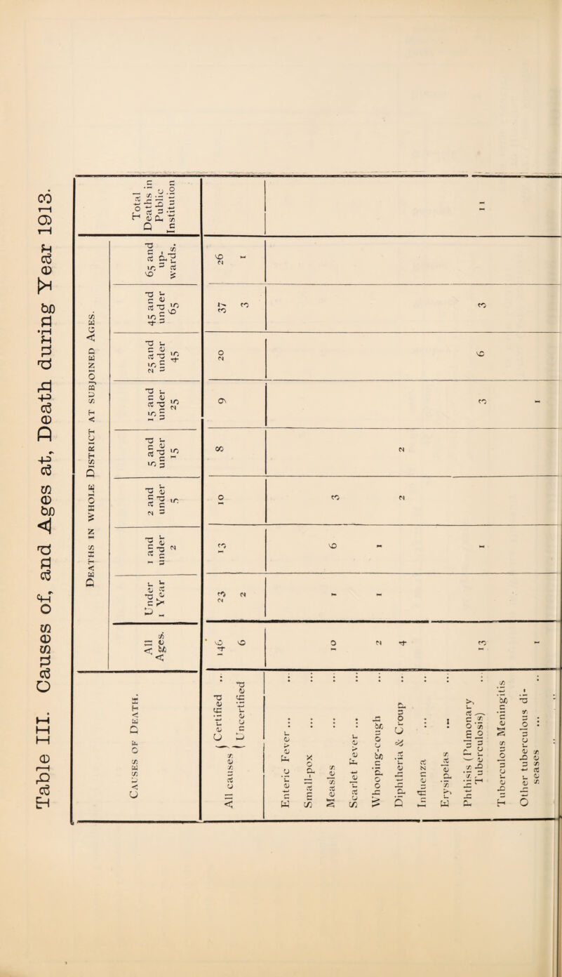Table III. Causes of, and Ages at. Death, during Tear 1913. C/2 W o < Q W Z m p> C/2 H < h u 06 H C/2 U 0 33 £ Z M C/2 33 < W 0 _ u y 72 X X iS x x rt 3 o H Oj CL, Q cn c 73 c . “ rt Cl^ i/2 ^ rt X Oj 73 t- r- 02 S^X £3 73 u C 02 rt •a >o 5 n vO tJ* 73 U C 02 CC X r-1 »o = <—, ^ iO B h < CL Q Cl O C/2 W C/2 £2 < u X n I'. CO to CO o <N On CO 73 v- C 02 „ If' in 5 00 N 2 and under 5 o CO M i and under 2 to h-i X — » Under i Year ^ ci C4 s* — saSy IIV * x o Tf O Mr}* CO - 73 02 X s- 02 u T3 02 X ■*-> u 02 02 c C/2 02 73 Ct 02 U 02 *> 02 U 'C 02 G W X O Cl I aj s in CD J02 02 L-l *0 U 02 »> 02 X JU aS 02 C/) bo o 02 bJD c C2 o X, >> u O u CJ . • I • c .£ O 72 So .5 ‘u 02 Q vt N 02 C/2 02 72 U w I § 02 x x *7 ,3 x r,. 72 ‘So c 5 02 7) 3 02 U X 73 02 U 02 X 72 02 72 *-> aj u £