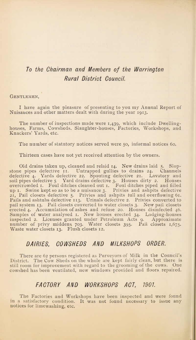 To the Chairman and Members of the Warrington Rural District Council. Gknti<emen, I have again the pleasure of presenting to you my Annual Report of Nuisances and other matters dealt with during the year 1913. The number of inspections made were 1,439, which include Dwelling- houses, Farms, Cowsheds. Slaughter-houses, Factories, Workshops, and Knackers’ Yards, etc. The number of statutory notices served were 50, informal notices 60. Thirteen cases have not yet received attention by the owners. Old drains taken up, cleaned and relaid 14. New drains laid 5. Slop- stone pipes defective n. Untrapped gullies to drains 24. Channels defective 4. Yards defective 22. Spouting defective 21. Uavatory and soil pipes defective 5 Yard drains defective 3. Houses dirty 2. Houses overcrowded 1. Foul ditches cleaned out 1. Foul ditches piped and filled up 1. Swine kept so as to be a nuisance 3. Privies and ashpits defective 2j, Pail closets defective 5. Privies and ashpits lull and overflowing 61. Pails and ashtubs defective 113. Urinals defective 2. Privies converted to pail system 13. Pail closets converted to water closets 3. New pail closets erected 4. Accumulation of ashes and refuse 20. Houses disinfected 46. Samples of water analysed 1. New houses erected 34. Uodgiug-houses inspected 2. Uicenses granted under Petroleum Acts 9. Approximate number of privy middeua 703. Water closets 395. Pail closets 1,675. Waste water closets 13. Flush closets 12. DAIRIES. COWSHEDS AND MILKS HOPS ORDER. There are 62 persons registered as Purveyors of Milk in the Council’s District. The Cow Sheds 011 the whole are kept fairly clean, but there is still room for improvement with regard to the grooming of the cows. One cowshed has been ventilated, new windows provided and floors repaired. FACTORY AND WORKSHOPS ACT, 1901 The Factories and Workshops have been inspected and were found in a satisfactory condition. It was not found necessary to issue any notices for limewashinv. etc.