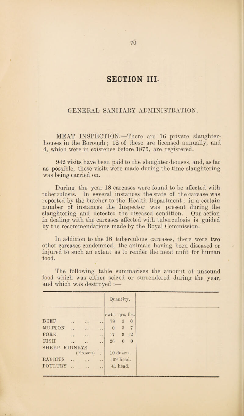 SECTION III GENERAL SANITARY ADMINISTRATION. MEAT INSPECTION.—There are 16 private slaughter¬ houses in the Borough ; 12 of these are licensed annually, and 4, which were in existence before 1875, are registered. 942 visits have been paid to the slaughter-houses, and, as far as possible, these visits were made during the time slaughtering was being carried on. During the year 18 carcases were found to be affected with tuberculosis. In several instances the state of the carcase was reported by the butcher to the Health Department; in a certain number of instances the Inspector was present during the slaughtering and detected the diseased condition. Our action in dealing with the carcases affected with tuberculosis is guided by the recommendations made by the Royal Commission. In addition to the 18 tuberculous carcases, there were two other carcases condemned, the animals having been diseased or injured to such an extent as to render the meat unfit for human food. The following table summarises the amount of unsound food which was either seized or surrendered during the year, and which was destroyed :— Quantity. cwts. qrs, lbs. BEEF MUTTON .. PORK FISH SHEEP KIDNEYS 78 3 0 0 3 7 17 3 12 26 0 0 (Frozen) 10 dozen. 109 head. 41 head. RABBITS .. POULTRY ..
