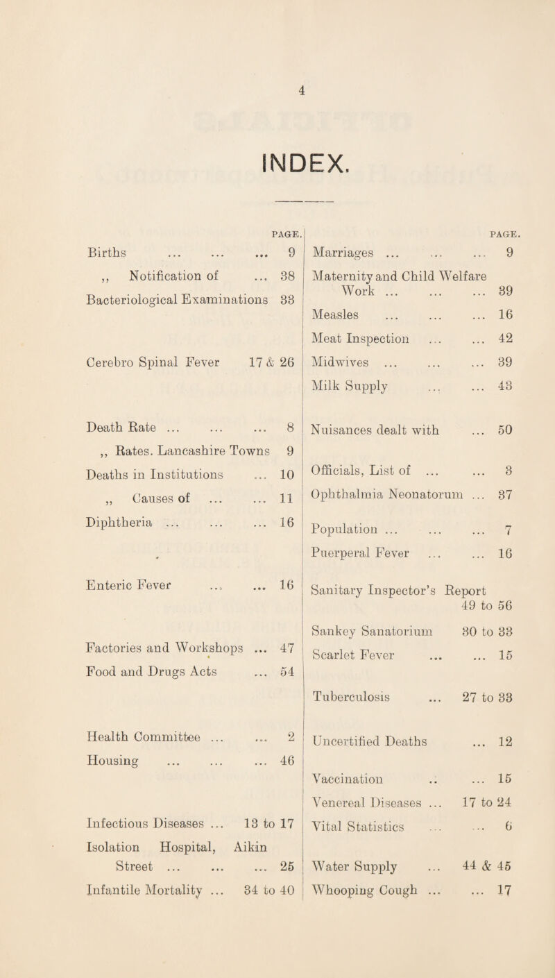 INDEX, PAGE. Births ... ... ... 9 ,, Notification of ... 38 Bacteriological Examinations 83 Cerebro Spinal Fever 17 & 26 PAGE. Marriages ... ... ... 9 o Maternity and Child Welfare Work ... 39 Measles ... 16 Meat Inspection ... 42 Midwives ... ... 39 Milk Supply ... 43 Death Rate ... ... ... 8 „ Rates. Lancashire Towns 9 Deaths in Institutions .... 10 „ Causes of ... ... 11 Diphtheria ... ... ... 16 Nuisances dealt with ... 50 Officials, List of ... ... 3 Ophthalmia Neonatorum ... 37 Population ... ... ... 7 Puerperal Fever ... ... 16 Enteric Fever Factories and Workshops Food and Drugs Acts 16 47 54 Sanitary Inspector’s Report 49 to 56 Sankey Sanatorium 30 to 33 Scarlet Fever ... ... 15 Tuberculosis ... 27 to 33 Health Committee ... ... 2 Housing ... ... ... 46 Infectious Diseases ... 13 to 17 Isolation Hospital, Aikin Street ... ... ... 25 Infantile Mortality ... 34 to 40 Uncertified Deaths Vaccination Venereal Diseases ... Vital Statistics Water Supply Whoopiug Cough ... ... 15 17 to 24 ... 6 44 & 45 ... 17