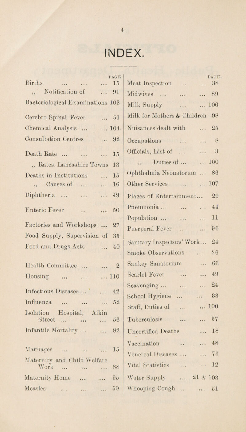 INDEX. PAGE Births ... ... ... 15 ,, Notification of ... 91 Bacteriological Examinations 102 Cerebro Spinal Fever ... 51 Chemical Analysis ... ... 104 Consultation Centres ... 92 Death Rate ... ... ... 15 ,, Rates. Lancashire Towns 18 Deaths in Institutions ... 15 ,, Causes of ... ... 16 Diphtheria ... ... ... 49 Enteric Fever ... ... 50 Factories and Workshops ... 27 Food Supply, Supervision of 85 Food and Drugs Acts ... 40 Health Committee ... ... 2 Housing ... ... ... 110 Infectious Diseases ... ... 42 Influenza ... ... ... 52 Isolation Hospital, Aikin Street ... ... ... 56 Infantile Mortality ... ... 82 PAGE. Meat Inspection ... ... 38 Mid wives ... ... ... 89 Milk Supply ... ... 106 Milk for Mothers & Children 98 Nuisances dealt with ... 25 Occupations ... ... 8 Officials, List of ... ... 3 ,, Duties of ... ... 100 Ophthalmia Neonatorum ... 86 Other Services ... ... 107 Places of Entertainment... 29 Pneumonia ... ... . . 44 Population ... ... ... 11 Puerperal Fever ... ... 96 Sanitary Inspectors’ Work... 24 Smoke Observations ... 26 Sankey Sanatorium ... 66 Scarlet Fever ... ... 49 Scavenging ... ... ... 24 School Hygiene ... ... 33 Staff, Duties of ... ... 100 Tuberculosis ... ... 57 Uncertified Deaths ... 18 Marriages ... ... ... 15 Maternity and Child Welfare Work ... ... ... 88 Maternity Home ... ... 95 Measles ... ... ... 50 Vaccination Venereal Diseases ... Vital Statistics Water Supply W7hooping Cough ... 48 ... 12 21 & 103 ... 51