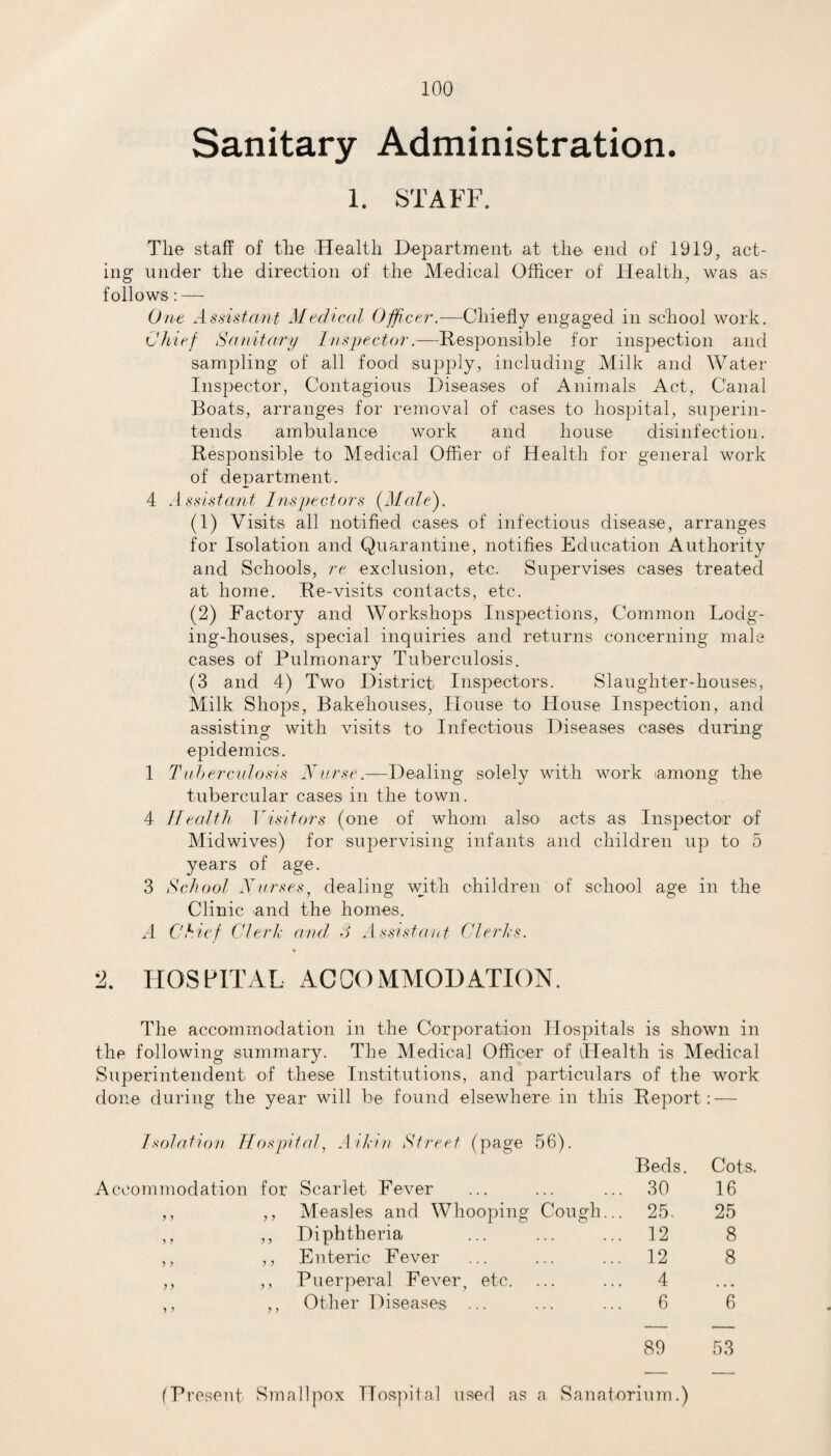 Sanitary Administration. 1. STAFF. The staff of the Health Department at the end of 1919, act¬ ing under the direction of the Medical Officer of Health, was as follows: — One Assistant Medical Officer.—Chiefly engaged in school work. Chief Sanitary Inspector.—Responsible for inspection and sampling of all food supply, including Milk and Water Inspector, Contagious Diseases of Animals Act, Canal Boats, arranges for removal of cases to hospital, superin¬ tends ambulance work and house disinfection. Responsible to Medical Offier of Health for general work of department. 4 Assistant Inspectors {JSlale). (1) Visits all notified cases of infectious disease, arranges for Isolation and Quarantine, notifies Education Authority and Schools, re exclusion, etc. Supervises cases treated at home. Re-visits contacts, etc. (2) Factory and Workshops Inspections, Common Lodg¬ ing-houses, special inquiries and returns concerning male cases of Pulmonary Tuberculosis. (3 and 4) Two District Inspectors. Slaughter-houses, Milk Shops, Bakehouses, House to House Inspection, and assisting with visits to Infectious Diseases cases during epidemics. 1 Tuberculosis Nurse.—Dealing solely with work lamong the tubercular cases in the town. 4 Health Visitors (one of whom also acts as Inspector of Midwives) for supervising infants and children up to 5 years of age. 3 School Nurses, dealing with children of school age in the Clinic and the homes. A Chief Clerk and. S Assistant Clerks. % 2. HOSPITAL ACCOMMODATION. The accommodation in the Corporation Hospitals is shown in the following summary. The Medical Officer of Health is Medical Superintendent of these Institutions, and particulars of the work done during the year will be found elsewhere in this Report: — Isolation Hospital, Aikin Street (page 56). Beds. Cots. Accommodation for Scarlet Fever 30 16 y y y y Measles and Whooping Cough... 25. 25 y y y y Diphtheria 12 8 y ) y y Enteric Fever 12 8 y y y y Puerperal Fever, etc. 4 • • • y y y y Other Diseases ... 6 6 89 53 (Present Smallpox Hospital used as a Sanatorium.)