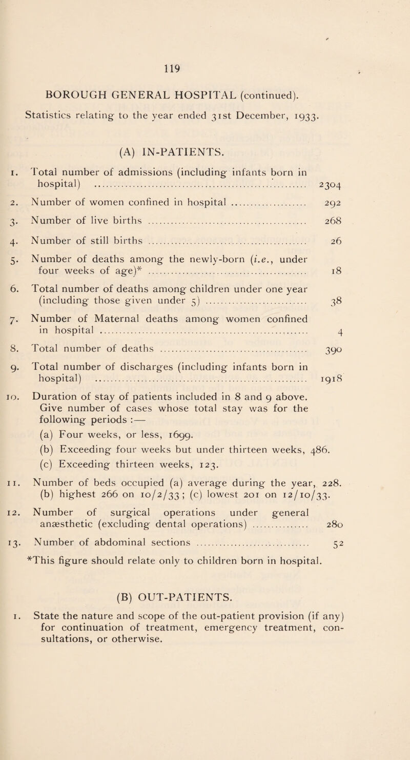 BOROUGH GENERAL HOSPITAL (continued). Statistics relating- to the year ended 31st December, 1933. (A) IN-PATIENTS. 1. Total number of admissions (including- infants born in hospital) . 2304 2. Number of women confined in hospital . 292 3. Number of live births . 268 4. Number of still births . 26 5. Number of deaths among the newly-born (i.e., under four weeks of age)* . 18 6. Total number of deaths among children under one year (including- those given under 5) . 38 7. Number of Maternal deaths among women confined in hospital . 4 8. Total number of deaths . 390 9. Total number of discharges (including infants born in hospital) . 1918 10. Duration of stay of patients included in 8 and 9 above. Give number of cases whose total stay was for the following periods : — (a) Four weeks, or less, 1699. (b) Exceeding four weeks but under thirteen weeks, 486. (c) Exceeding thirteen weeks, 123. 11. Number of beds occupied (a) average during the year, 228. (b) highest 266 on 10/2/33; (c) lowest 201 on 12/10/33. 12. Number of surgical operations under general anaesthetic (excluding- dental operations) . 280 13. Number of abdominal sections . 52 *This figure should relate only to children born in hospital. (B) OUT-PATIENTS. 1. State the nature and scope of the out-patient provision (if any) for continuation of treatment, emergency treatment, con¬ sultations, or otherwise.