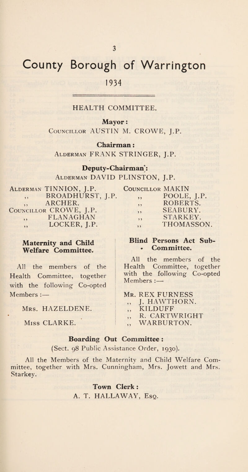 County Borough of Warrington 1934 HEALTH COMMITTEE. Mayor: Councillor AUSTIN M. CROWE, J.P. Chairman j Alderman FRANK STRINGER, J.P. Deputy-Chairman': Alderman DAVID PLINSTON, J.P. Alderman TINNION, J.P. ,, BROADHURST, J.P. ,, ARCHER. Councillor CROWE, J.P. ,, FLANAGHAN ,, LOCKER, J.P. Maternity and Child Welfare Committee. All the members of the Health Committee, together with the following Co-opted Members :— Mrs. HAZELDENE. ■ Miss CLARKE. Boarding Out Committee: (Sect. 98 Public Assistance Order, 1930). All the Members of the Maternity and Child Welfare Com¬ mittee, together with Mrs. Cunningham, Mrs. Jowett and Mrs. Starkey. Town Clerk : A. T. HALLAWAY, Esq. Councillor MAKIN ,, POOLE, J.P. ,, ROBERTS. ,, SEABURY. ,, STARKEY. ,, THOMASSON. Blind Persons Act Sub- • Committee. All the members of the Health Committee, together with the following Co-opted Members :— Mr. REX FURNESS ,, J. HAWTHORN. ,, KILDUFF ,, R. CARTWRIGHT ,, WARBURTON.