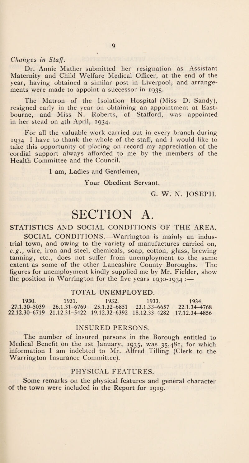 Changes in Staff. Dr. Annie Mather submitted her resignation as Assistant Maternity and Child Welfare Medical Officer, at the end of the year, having obtained a similar post in Liverpool, and arrange¬ ments were made to appoint a successor in 1935. The Matron of the Isolation Hospital (Miss D. Sandy), resigned early in the year on obtaining an appointment at East¬ bourne, and Miss N. Roberts, of Stafford, was appointed in her stead on 4th April, 1934. For all the valuable work carried out in every branch during 1934 I have to thank the whole of the staff, and I would like to take this opportunity of placing on record my appreciation of the ■ cordial support always afforded to me by the members of the Health Committee and the Council. I am, Ladies and Gentlemen, Your Obedient Servant, G. W. N. JOSEPH. SECTION A. STATISTICS AND SOCIAL CONDITIONS OF THE AREA. SOCIAL CONDITIONS.—Warrington is mainly an indus¬ trial town, and owing to the variety of manufactures carried on, e.g., wire, iron and steel, chemicals, soap, cotton, glass, brewing tanning, etc., does not suffer from unemployment to the same extent as some of the other Lancashire County Boroughs. The figures for unemployment kindly supplied me by Mr. Fielder, show the position in Warrington for the five years 1930-1934 :— TOTAL UNEMPLOYED. 1930. 1931. 1932. 1933. 1934. 27.1.30-5039 26.1.31-6769 25.1.32-6851 23.1.33-6657 22.1.34-4768 22.12.30-6719 21.12.31-5422 19.12.32-6392 18.12.33-4282 17.12.34-4856 INSURED PERSONS. The number of insured persons in the Borough entitled to Medical Benefit on the 1st January, 1935, was 35,481, for which information I am indebted to Mr. Alfred Tilling (Clerk to the Warrington Insurance Committee). PHYSICAL FEATURES. Some remarks on the physical features and general character of the town were included in the Report for 1919.