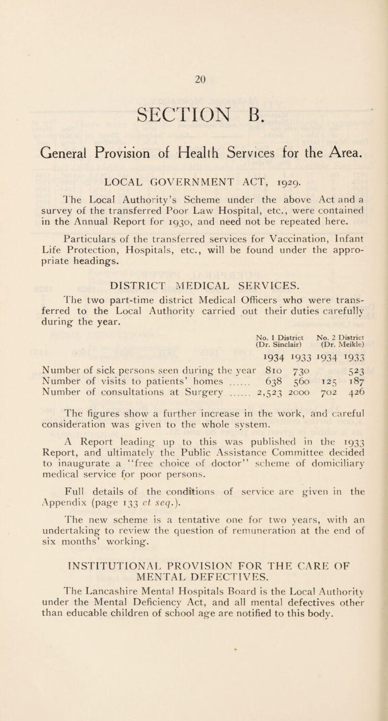 SECTION B. Genera! Provision of Health Services tor the Area. LOCAL GOVERNMENT ACT, 1929. The Local Authority’s Scheme under the above Act and a survey of the transferred Poor Law Hospital, etc., were contained in the Annual Report for 1930, and need not be repeated here. Particulars of the transferred services for Vaccination, Infant Life Protection, Hospitals, etc., will be found under the appro¬ priate headings. DISTRICT MEDICAL SERVICES. The two part-time district Medical Officers who were trans¬ ferred to the Local Authority carried out their duties carefullv during the year. No. 1 District No. 2 District (Dr. Sinclair) (Dr. Meikle) x934 x933 *934 l933 Number of sick persons seen during the year 810 730 523 Number of visits to patients’ homes . 638 560 125 187 Number of consultations at Surgery . 2,523 2000 702 426 The figures show a further increase in the work, and careful consideration was given to the whole system. A Report leading up to this was published in the 1933 Report, and ultimately the Public Assistance Committee decided to inaugurate a “free choice of doctor’’ scheme of domiciliary medical service for poor persons. Full details of the conditions of service are given in the Appendix (page 133 et seq.). The new scheme is a tentative one for two years, with an undertaking to review the question of remuneration at the end of six months’ working. INSTITUTIONAL PROVISION FOR THE CARE OF MENTAL DEFECTIVES. The Lancashire Mental Hospitals Board is the Local Authority under the Mental Deficiency Act, and all mental defectives other than educable children of school age are notified to this body.