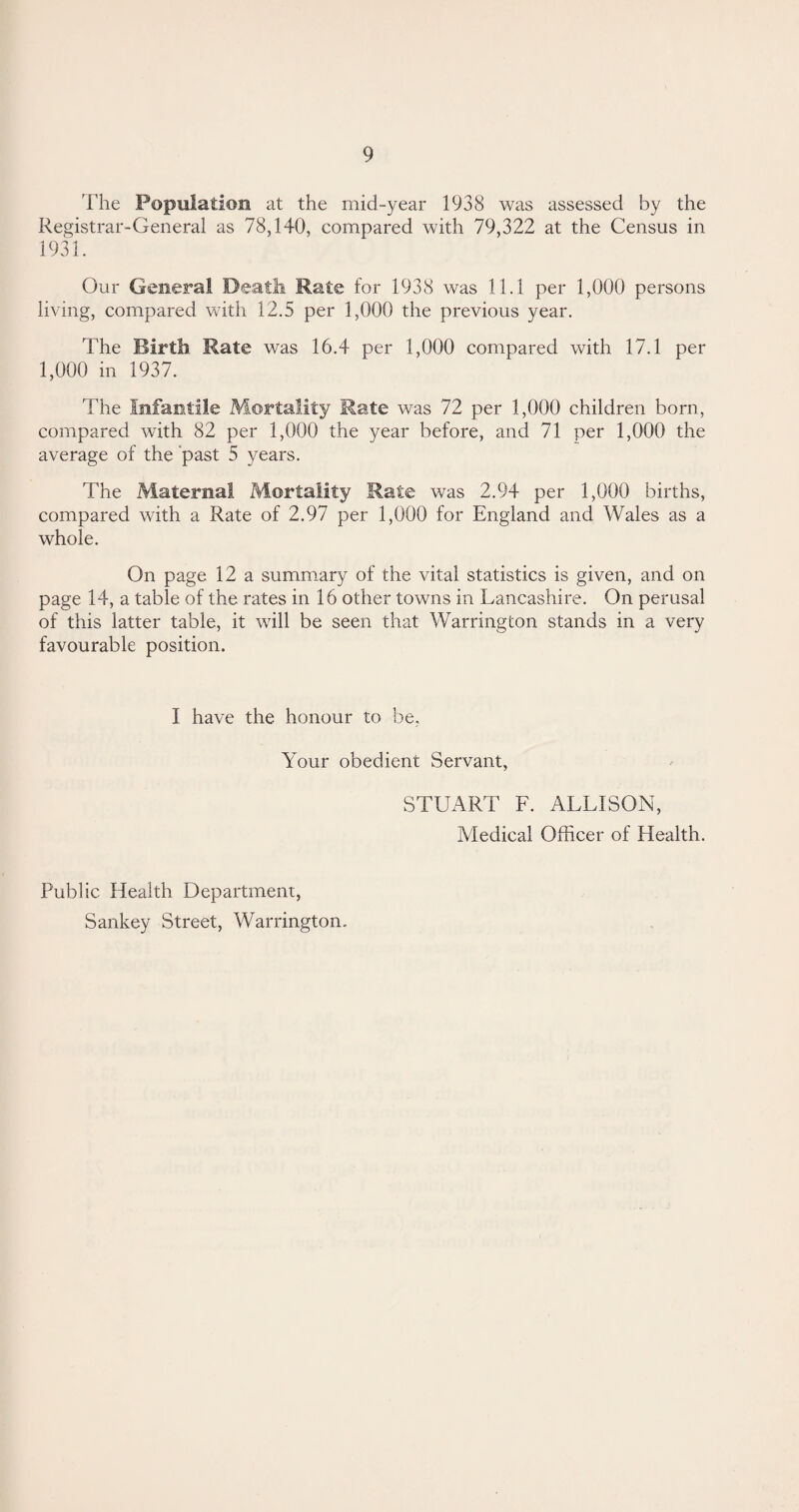 The Population at the mid-year 1938 was assessed by the Registrar-General as 78,140, compared with 79,322 at the Census in 1931. Our General Death Rate for 1938 was 11.1 per 1,000 persons living, compared with 12.5 per 1,000 the previous year. The Birth Rate was 16.4 per 1,000 compared with 17.1 per 1,000 in 1937. The Infantile Mortality Mate was 72 per 1,000 children born, compared with 82 per 1,000 the year before, and 71 per 1,000 the average of the past 5 years. The Maternal Mortality Rate was 2.94 per 1,000 births, compared with a Rate of 2.97 per 1,000 for England and Wales as a whole. On page 12 a summary of the vital statistics is given, and on page 14, a table of the rates in 16 other towns in Lancashire. On perusal of this latter table, it will be seen that Warrington stands in a very favourable position. I have the honour to he. Your obedient Servant, STUART F. ALLISON, Medical Officer of Health. Public Health Department, Sankey Street, Warrington-