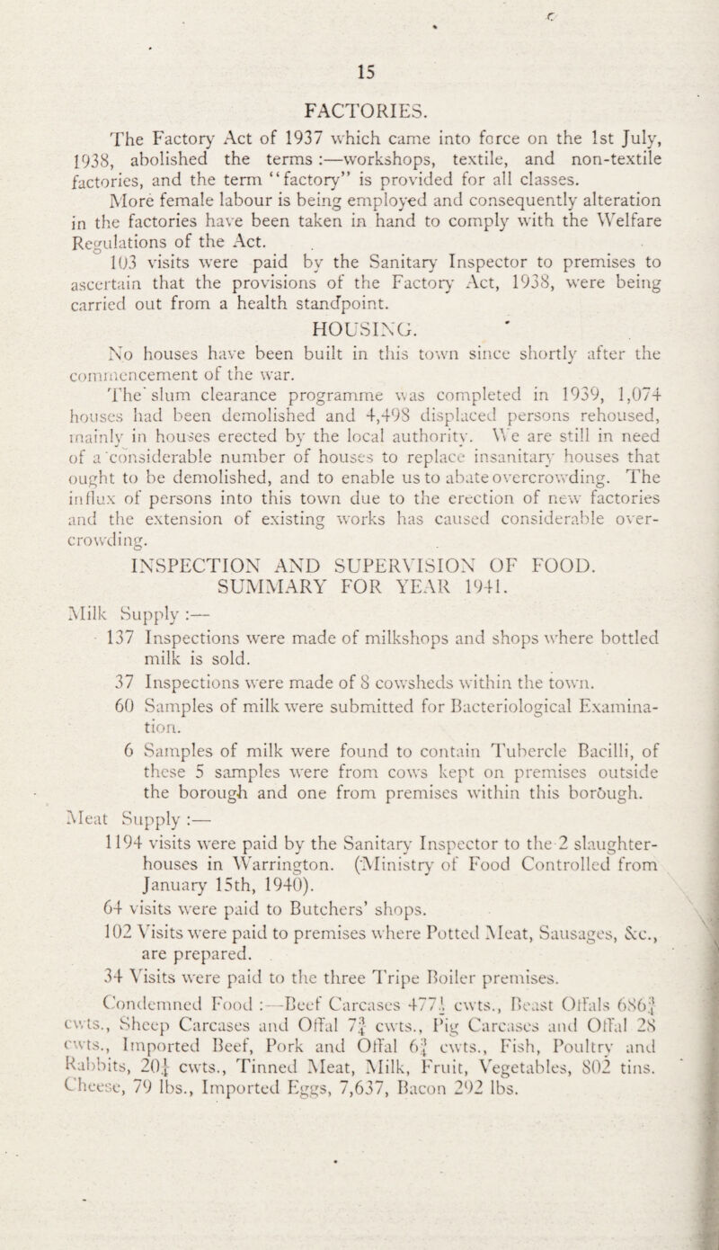 15 FACTORIES. The Factory Act of 1937 which came into force on the 1st July, 1938, abolished the terms:—workshops, textile, and non-textile factories, and the term “factory” is provided for all classes. More female labour is being employed and consequently alteration in the factories have been taken in hand to comply with the Welfare Regulations of the Act. 1()3 visits were paid bv the Sanitary Inspector to premises to ascertain that the provisions of the Factory Act, 1938, were being carried out from a health standpoint. HOUSING. No houses have been built in this town since shortly after the commencement of the war. The slum clearance programme was completed in 1939, 1,074 houses had been demolished and 4,498 displaced persons rehoused, mainly in houses erected bv the local authorin'. We are still in need of a considerable number of houses to replace insanitary houses that ought to be demolished, and to enable us to abate overcrowding. The influx of persons into this town due to the erection of new factories and the extension of existing works has caused considerable over¬ crowding. O INSPECTION AND SUPERVISION OF FOOD. SUMMARY FOR YEAR 1941. Milk Supply :— 137 Inspections were made of milkshops and shops where bottled milk is sold. 37 Inspections were made of 8 cowsheds within the town. 60 Samples of milk wrere submitted for Bacteriological Examina¬ tion. 6 Samples of milk were found to contain Tubercle Bacilli, of these 5 samples were from cows kept on premises outside the borough and one from premises within this bor&ugh. Meat Supply :— 1194 visits were paid by the Sanitary Inspector to the 2 slaughter¬ houses in Warrington. (Ministry of Food Controlled from January 15th, 1940). 64 visits were paid to Butchers’ shops. 102 Visits were paid to premises where Potted Meat, Sausages, Nc., are prepared. 34 Visits were paid to the three Tripe Boiler premises. Condemned Food :—Beef Carcases 477.1 cwts., Beast Offals 686 cuts., Sheep Carcases and Offal 1\ cwts., Pig Carcases and Offal 28 cwts., Imported Beef, Pork and Otfal 64 cwts., Fish, Poultry and Rabbits, 20] cwts., Tinned Meat, Milk, Fruit, Vegetables, 802 tins. Cheese, 79 lbs., Imported Eggs, 7,637, Bacon 292 lbs.