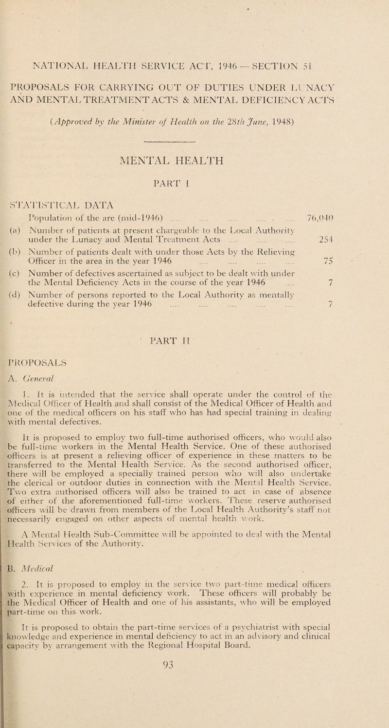 NATIONAL HEALTH SERVICE ACT, 1946 — SECTION 51 PROPOSALS FOR CARRYING OUT OF DUTIES UNDER LUNACY AND MENTAL TREATMENT ACTS & MENTAL DEFICIENCY ACTS (.Approved by the Minister of Health on the 28th June, 1948) MENTAL HEALTH PART I STATISTICAL DATA Population of the are (mid-1946) .... .... .... . 76,040 (a) Number of patients at present chargeable to the Local Authority under the Imriacy and Mental Treatment Acts .... .... .... 254 (b) Number of patients dealt with under those Acts by the Relieving Officer in the area in the year 1946 .... .... .... .... 75 (c) Number of defectives ascertained as subject to be dealt with under the Mental Deficiency Acts in the course of the year 1946 .... 7 (d) Number of persons reported to the Local Authority as mentally defective during the year 1946 .... .... .... .... .... 7 ' PART II . > PROPOSALS A. General L It is intended that the service shall operate under the control of the Medical Officer of Plealth and shall consist of the Medical Officer of Health and one of the medical officers on his staff who has had special training in dealing with mental defectives. It is proposed to employ two full-time authorised officers, who would also be full-time workers in the Mental Health Service. One of these authorised officers is at present a relieving officer of experience in these matters to be transferred to the Mental Health Service. As the second authorised officer, there will be employed a specially trained person who will also undertake the clerical or outdoor duties in. connection with the Mental Health Service. Two extra authorised officers will also be trained to act in case of absence of either of die aforementioned full-time workers. These reserve authorised officers will be drawn from members of the Local Health Authority’s staff not necessarily engaged on other aspects of mental health work. A Mental Health Sub-Committee will be appointed to deal with the Mental Health Sendees of the Authority. 1). Medical 2. It is proposed to employ in the service two part-time medical officers with experience in mental deficiency work. These officers will probably be the Medical Officer of Health and one of his assistants, who will be employed part-time on this work. It is proposed to obtain the part-time services of a psychiatrist with special knowledge and experience in mental deficiency to act in an advisory and clinical capacity by arrangement with the Regional Hospital Board,