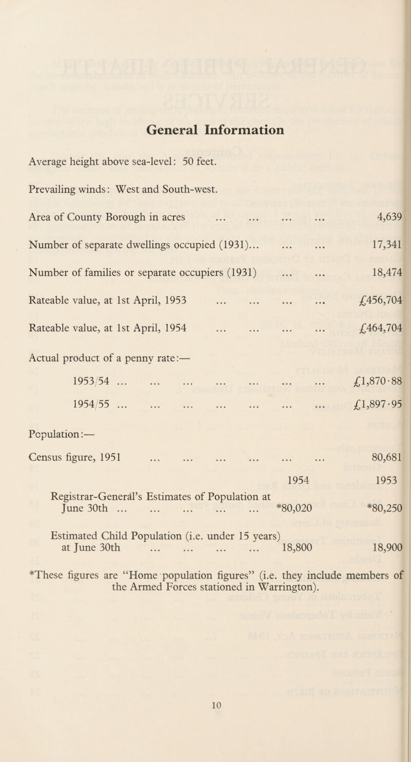 General Information Average height above sea-level: 50 feet. Prevailing winds: West and South-west. Area of County Borough in acres . Number of separate dwellings occupied (1931)... Number of families or separate occupiers (1931) Rateable value, at 1st April, 1953 Rateable value, at 1st April, 1954 . 4,639 17,341 18,474 £456,704 £464,704 Actual product of a penny rate:— 1953/54 ... 1954/55 . £1,870-88 £1,897-95 Population :- Census figure, 1951 1954 Registrar-General’s Estimates of Population at June 30th. ... ... *80,020 80,681 1953 *80,250 Estimated Child Population (i.e. under 15 years) at June 30th . 18,800 18,900 *These figures are “Home population figures” (i.e. they include members of the Armed Forces stationed in Warrington).