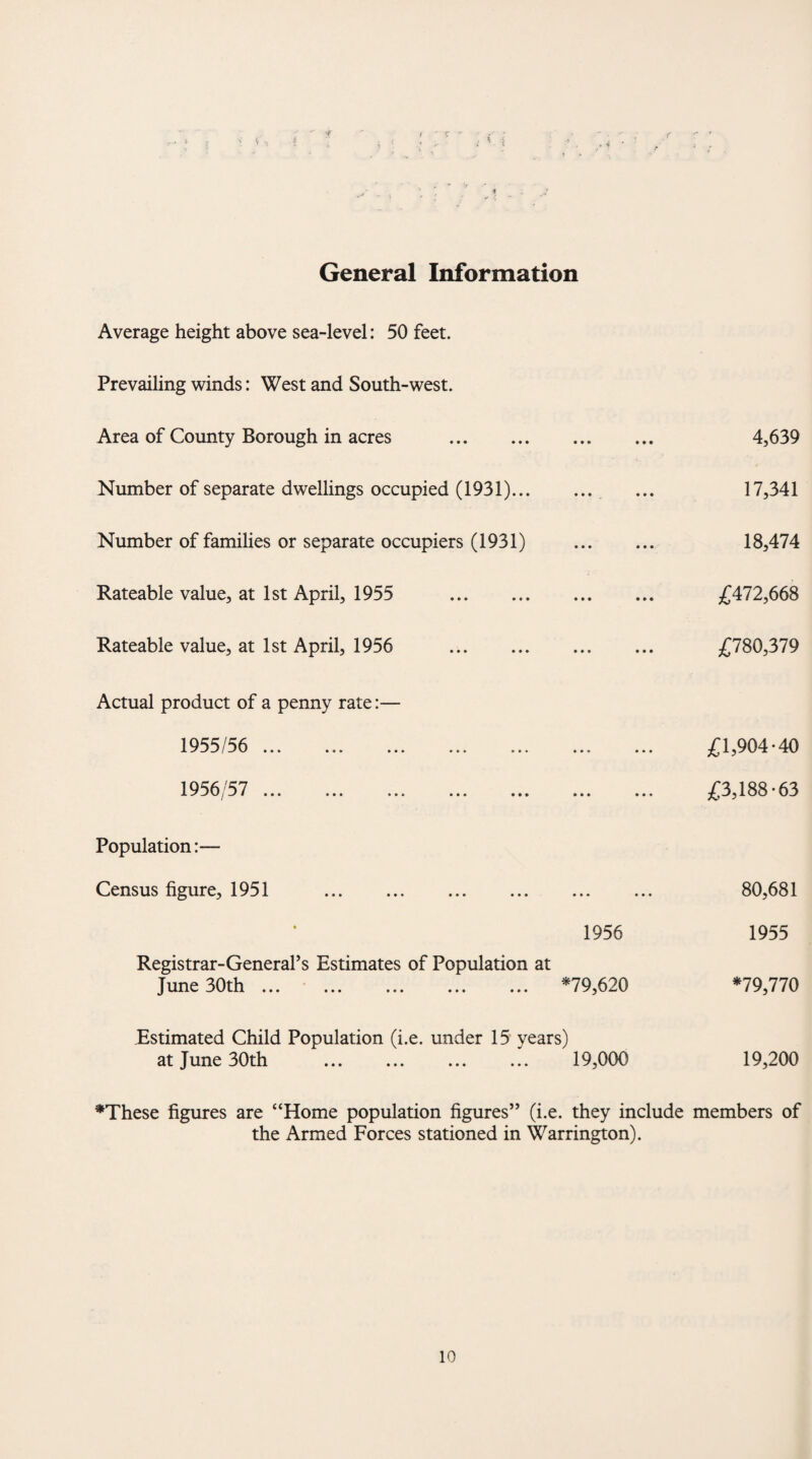 t 4 General Information Average height above sea-level: 50 feet. Prevailing winds: West and South-west. Area of County Borough in acres . Number of separate dwellings occupied (1931). Number of families or separate occupiers (1931) Rateable value, at 1st April, 1955 . Rateable value, at 1st April, 1956 . Actual product of a penny rate:— iQCc/c/: JL y «/ / —' v » » » ••• # • ♦ o • • • * • 1956/57 jl y y \j j _y i ••• » » » • • » • • • • • • ••• Population:— Census figure, 1951 . 1956 Registrar-General’s Estimates of Population at June 30th. *79,620 4,639 17,341 18,474 £472,668 £780,379 £1,904-40 £3,188-63 80,681 1955 *79,770 Estimated Child Population (i.e. under 15 years) at June 30th . 19,000 19,200 *These figures are “Home population figures” (i.e. they include members of the Armed Forces stationed in Warrington).