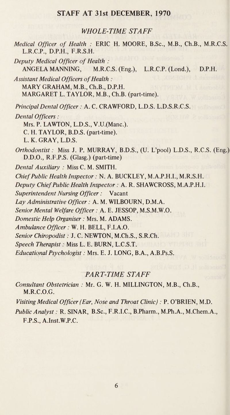 WHOLE-TIME STAFF Medical Officer of Health : ERIC H. MOORE, B.Sc., M.B., Ch.B., M.R.C.S. L.R.C.P., D.P.H., F.R.S.H. Deputy Medical Officer of Health : ANGELA MANNING, M.R.C.S. (Eng.), L.R.C.P. (Lond.), D.P.H. Assistant Medical Officers of Health : MARY GRAHAM, M.B., Ch.B., D.P.H. MARGARET L. TAYLOR, M.B., Ch.B. (part-time). Principal Dental Officer: A. C. CRAWFORD, L.D.S. L.D.S.R.C.S. Dental Officers: Mrs. P. LAWTON, L.D.S., V.U.(Manc.). C. H. TAYLOR, B.D.S. (part-time). L. K. GRAY, L.D.S. Orthodontist: Miss J. P. MURRAY, B.D.S., (U. L’pool) L.D.S., R.C.S. (Eng.) D. D.O., R.F.P.S. (Glasg.) (part-time) Dental Auxiliary : Miss C. M. SMITH. Chief Public Health Inspector : N. A. BUCKLEY, M.A.P.H.I., M.R.S.H. Deputy Chief Public Health Inspector : A. R. SHAWCROSS, M.A.P.H.I. Superintendent Nursing Officer : Vacant Lay Administrative Officer : A. M. WILBOURN, D.M.A. Senior Mental Welfare Officer : A. E. JESSOP, M.S.M.W.O. Domestic Help Organiser : Mrs. M. ADAMS. Ambulance Officer : W. H. BELL, F.I.A.O. Senior Chiropodist: J. C. NEWTON, M.Ch.S., S.R.Ch. Speech Therapist: Miss L. E. BURN, L.C.S.T. Educational Psychologist: Mrs. E. J. LONG, B.A., A.B.Ps.S. PART-TIME STAFF Consultant Obstetrician : Mr. G. W. H. MILLINGTON, M.B., Ch.B., M. R.C.O.G. Visiting Medical Officer (Ear, Nose and Throat Clinic) : P. O’BRIEN, M.D. Public Analyst: R. SINAR, B.Sc., F.R.I.C., B.Pharm., M.Ph.A., M.Chem.A., F.P.S., A.Inst.W.P.C.