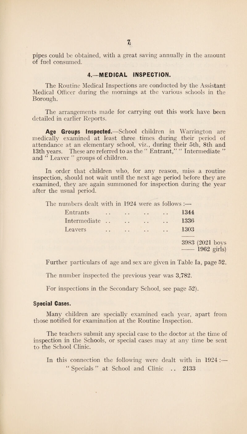 pipes could be obtained, with a great saving annually in the amount of fuel consumed. 4.—MEDICAL INSPECTION. The Routine Medical Inspections are conducted by the Assistant Medical Officer during the mornings at the various schools in the Borough. The arrangements made for carrying out this work have been detailed in earlier Reports. Age Groups Inspected.—School children in Warrington are medically examined at least three times during their period of attendance at an elementary school, viz., during their 5th, 8th and 13th years. These are referred to as the “ Entrant,” “ Intermediate ” and “ Leaver ” groups of children. In order that children who, for any reason, miss a routine inspection, should not wait until the next age period before they are examined, they are again summoned for inspection during the year after the usual period. The numbers dealt with in 1924 were as follows :— Entrants . . . . . . . . 1344 Intermediate . . . . . . .. 1336 Leavers . . .. .. .. 1303 3983 (2021 boys - 1962 girls) Further particulars of age and sex are given in Table la, page 52. The number inspected the previous year was 3,782. For inspections in the Secondary School, see page 52). Special Cases. Many children are specially examined each year, apart from those notified for examination at the Routine Inspection. The teachers submit any special case to the doctor at the time of inspection in the Schools, or special cases may at any time be sent to the School Clinic. In this connection the following were dealt with in 1924 :—• “ Specials ” at School and Clinic .. 2133