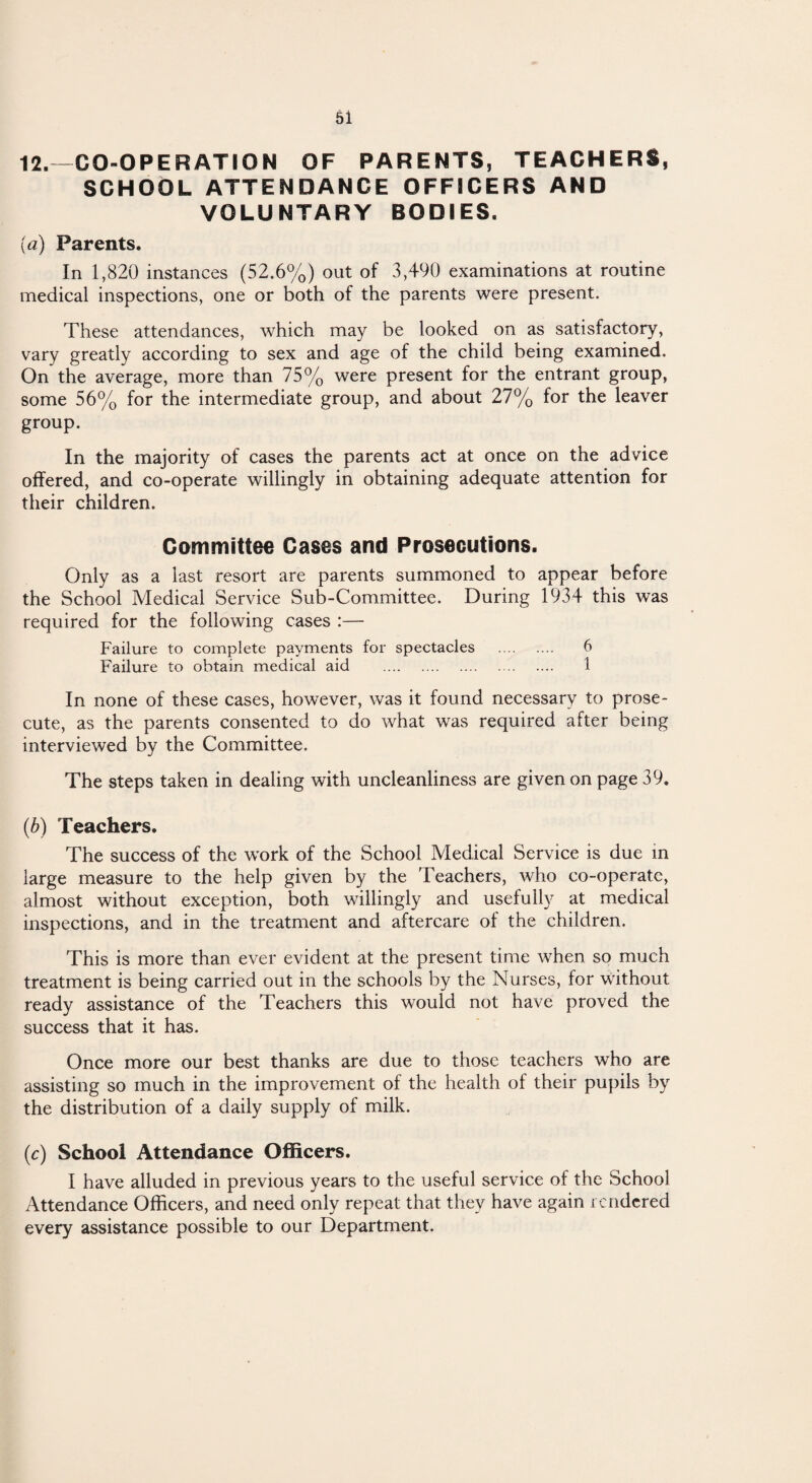 12.—CO-OPERATION OF PARENTS, TEACHERS, SCHOOL ATTENDANCE OFFICERS AND VOLUNTARY BODIES. {a) Parents. In 1,820 instances (52.6%) out of 3,490 examinations at routine medical inspections, one or both of the parents were present. These attendances, which may be looked on as satisfactory, vary greatly according to sex and age of the child being examined. On the average, more than 75% were present for the entrant group, some 56% for the intermediate group, and about 27% for the leaver group. In the majority of cases the parents act at once on the advice offered, and co-operate willingly in obtaining adequate attention for their children. Committee Cases and Prosecutions. Only as a last resort are parents summoned to appear before the School Medical Service Sub-Committee. During 1934 this was required for the following cases :— Failure to complete payments for spectacles . 6 Failure to obtain medical aid . 1 In none of these cases, however, was it found necessary to prose¬ cute, as the parents consented to do what was required after being interviewed by the Committee. The steps taken in dealing with uncleanliness are given on page 39. (b) Teachers. The success of the work of the School Medical Service is due in large measure to the help given by the Teachers, who co-operatc, almost without exception, both willingly and usefully at medical inspections, and in the treatment and aftercare of the children. This is more than ever evident at the present time when so much treatment is being carried out in the schools by the Nurses, for without ready assistance of the Teachers this would not have proved the success that it has. Once more our best thanks are due to those teachers who are assisting so much in the improvement of the health of their pupils by the distribution of a daily supply of milk. (c) School Attendance Officers. I have alluded in previous years to the useful service of the School Attendance Officers, and need only repeat that they have again rendered every assistance possible to our Department.
