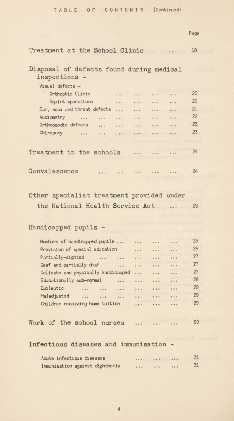 Page Treatment at the School Clinic 18 Disposal of defects found during medical inspections - Visual defects — Orthoptic clinic .»o »o • os# ooo Squint operations .... .»» ... Ear, nose and throat defects .„. .,. ... ... Audiometry »o. oo. ooo o.. .00 ... Orthopaedic defects .00 o.. o.. . o. .oo Chiropody o.. .o. ... ... o.. o.. 20 20 21 22 23 23 Treatment in the schools OOO 00 24 Convalescence 00 a 0 c 06O ooo 24 Other specialist treatment provided under the National Health Service Act ... 25 Handicapped pupils - Numbers of handicapped pupils ... Provision of special education Partially-sighted Deaf and partially deaf Delicate and physically handicapped Educationally sub-normal Epileptic OOO OOO OOO Maladjusted ... ... ... Children receiving home tuition 25 26 27 27 27 28 29 29 29 Work of the school nurses 30 Infectious diseases and immunisation - Acute infectious diseases ... ... Immunisation against diphtheria ... ... 31 31