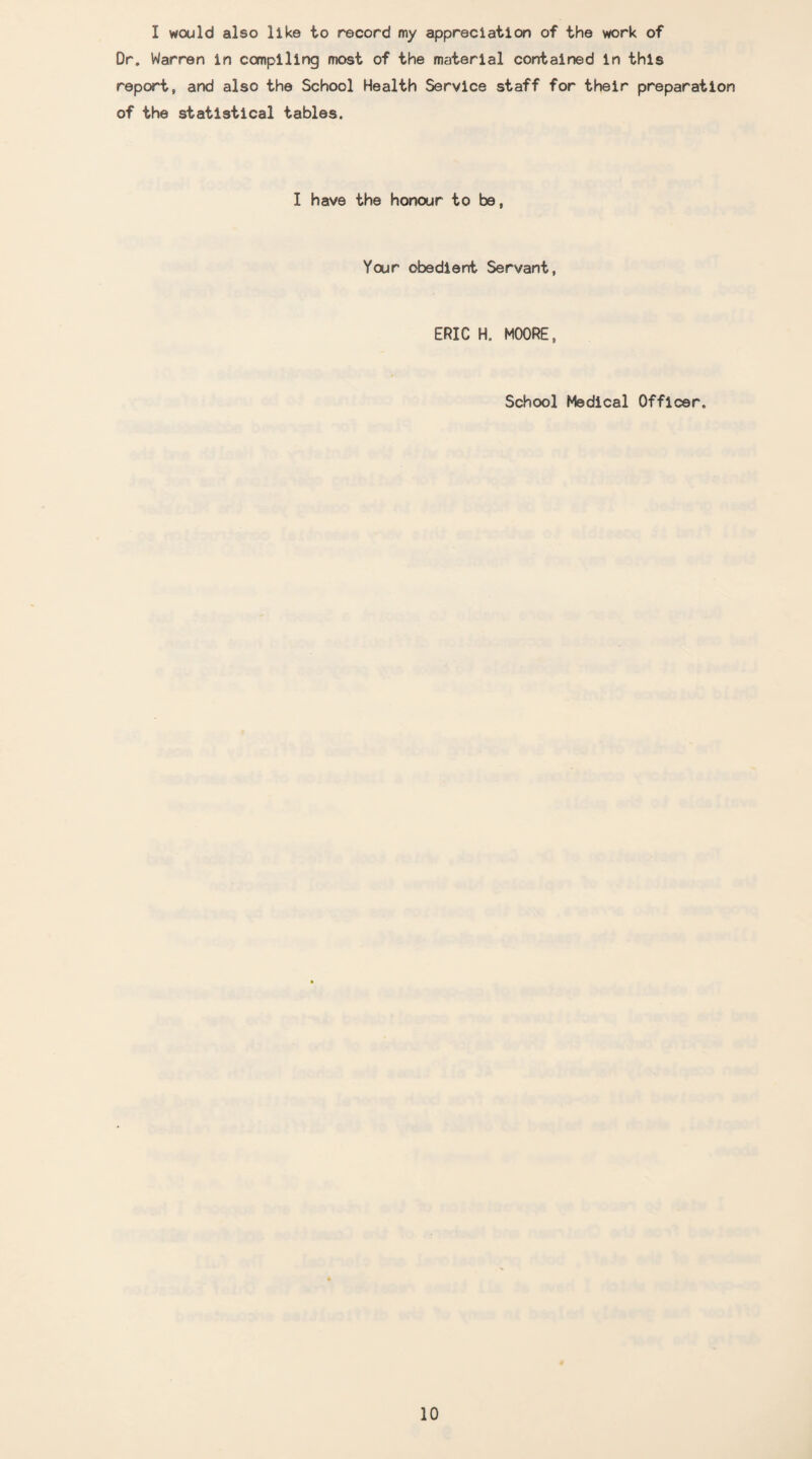 Or. Warren in compiling most of the material contained in this report, and also the School Health Service staff for their preparation of the statistical tables. I have the honour to be, Your obedient Servant, ERIC H. MOORE, School Medical Officer.