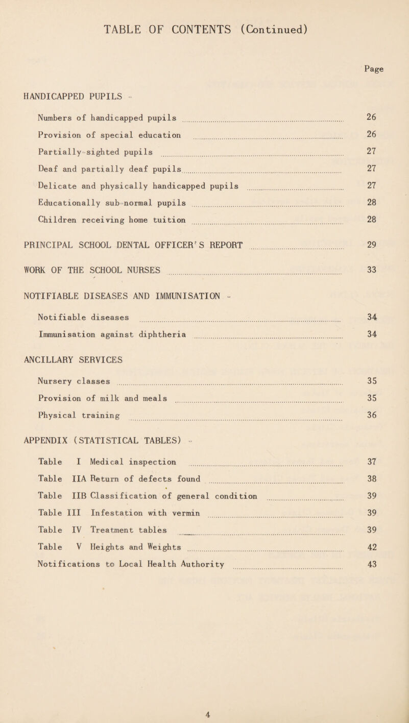 TABLE OF CONTENTS (Continued) Page HANDICAPPED PUPILS - Numbers of handicapped pupils ...... 26 Provision of special education ................. 26 Partially-sighted pupils ..... 27 Deaf and partially deaf pupils ........ 27 Delicate and physically handicapped pupils . 27 Educationally sub-normal pupils ... 28 Children receiving home tuition . 28 PRINCIPAL SCHOOL DENTAL OFFICER’S REPORT ... 29 WORK OF THE SCHOOL NURSES . ... 33 NOTIFIABLE DISEASES AND IMMUNISATION - Notifiable diseases 34 Immunisation against diphtheria . ... 34 ANCILLARY SERVICES Nursery classes ...... 35 Provision of milk and meals 35 Physical training 36 APPENDIX (STATISTICAL TABLES) - Table I Medical inspection . 37 Table IIA Return of defects found 38 Table IIB Classification of general condition 39 Table III Infestation with vermin 39 Table IV Treatment tables 39 Table V Heights and Weights . 42 Notifications to Local Health Authority 43