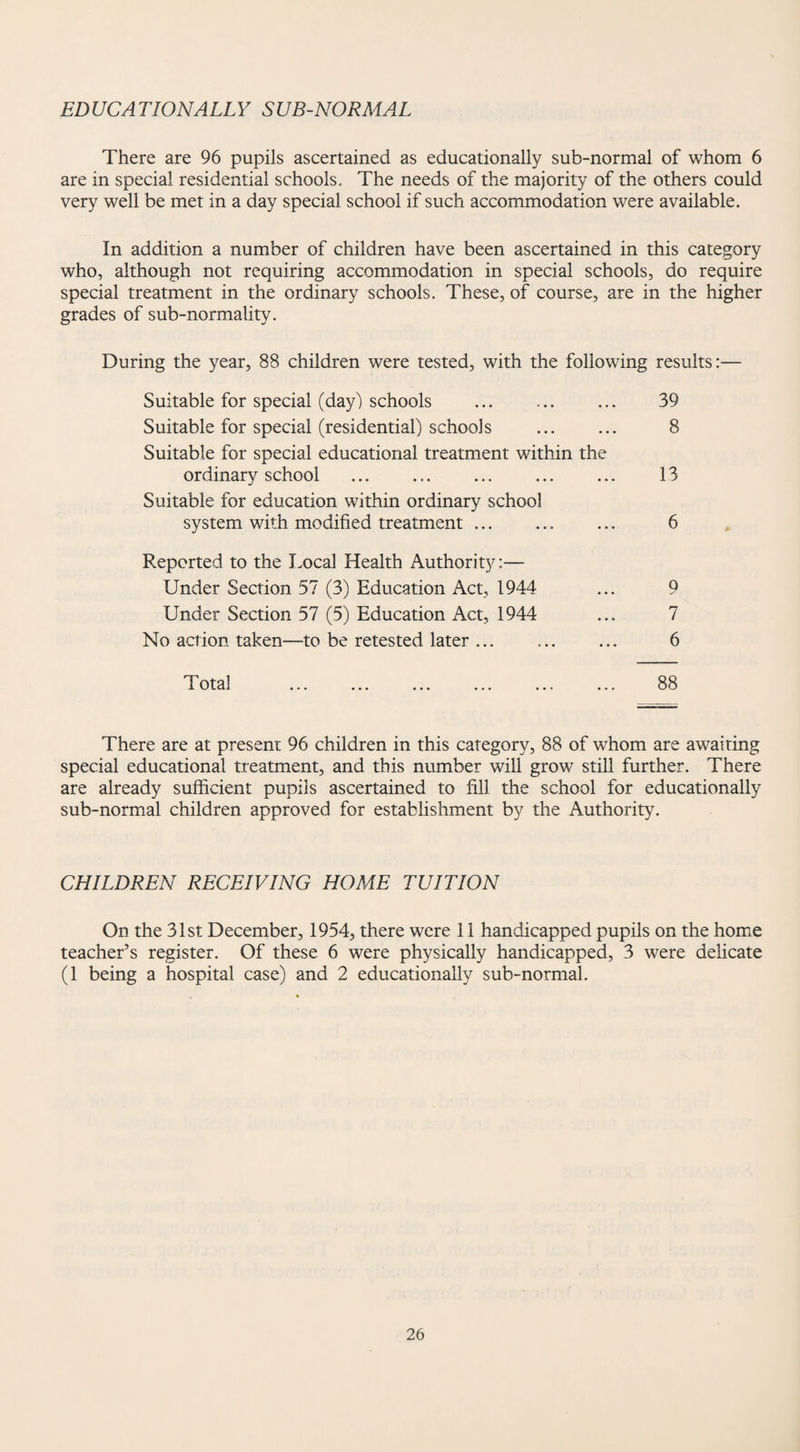 EDUCATIONALLY SUB-NORMAL There are 96 pupils ascertained as educationally sub-normal of whom 6 are in special residential schools. The needs of the majority of the others could very well be met in a day special school if such accommodation were available. In addition a number of children have been ascertained in this category who, although not requiring accommodation in special schools, do require special treatment in the ordinary schools. These, of course, are in the higher grades of sub-normality. During the year, 88 children were tested, with the following results Suitable for special (day) schools . 39 Suitable for special (residential) schools ... ... 8 Suitable for special educational treatment within the ordinary school ... ... ... ... ... 13 Suitable for education within ordinary school system with modified treatment ... ... ... 6 Reported to the Local Health Authority:— Under Section 57 (3) Education Act, 1944 ... 9 Under Section 57 (5) Education Act, 1944 ... 7 No action taken—to be retested later ... .. 6 4 otal ... ... ... ... ... ... 88 There are at present 96 children in this category, 88 of whom are awaiting special educational treatment, and this number will grow still further. There are already sufficient pupils ascertained to fill the school for educationally sub-normal children approved for establishment by the Authority. CHILDREN RECEIVING HOME TUITION On the 31st December, 1954, there were 11 handicapped pupils on the home teacher’s register. Of these 6 were physically handicapped, 3 were delicate (1 being a hospital case) and 2 educationally sub-normal.