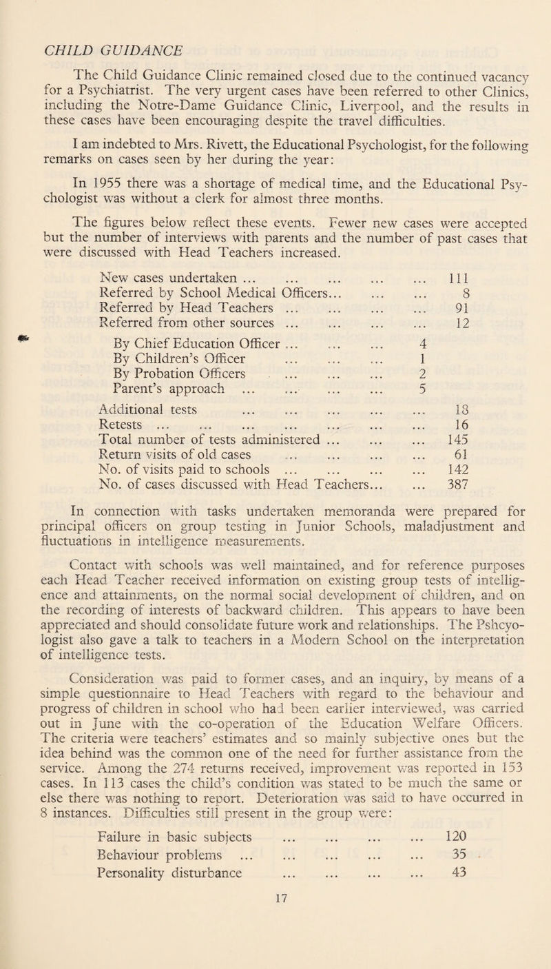 CHILD GUIDANCE The Child Guidance Clinic remained dosed due to the continued vacancy for a Psychiatrist. The very urgent cases have been referred to other Clinics, including the Notre-Dame Guidance Clinic, Liverpool, and the results in these cases have been encouraging despite the travel difficulties. I am indebted to Mrs. Rivett, the Educational Psychologist, for the following remarks on cases seen by her during the year: In 1955 there was a shortage of medical time, and the Educational Psy¬ chologist was without a clerk for almost three months. The figures below reflect these events. Fewer new cases were accepted but the number of interviews with parents and the number of past cases that were discussed with Head Teachers increased. New cases undertaken ... • o • 111 Referred by School Medical Officers... ... 8 Referred by Head Teachers ... ... 91 Referred from other sources ... • o . 12 By Chief Education Officer ... 4 By Children’s Officer 1 By Probation Officers 2 Parent’s approach 5 Additional tests «• • 18 Retests ... • • • 16 Total number of tests administered. • • o 145 Return visits of old cases • c • 61 No. of visits paid to schools ... • • • 142 No. of cases discussed with Head Teachers... • • • 387 In connection with tasks undertaken memoranda were prepared for principal officers on group testing in Junior Schools, maladjustment and fluctuations in intelligence measurements. Contact with schools was well maintained, and for reference purposes each Head Teacher received information on existing group tests of intellig¬ ence and attainments, on the normal social development of children, and on the recording of interests of backward children. This appears to have been appreciated and should consolidate future work and relationships. The Pshcyo- logist also gave a talk to teachers in a Modem School on the interpretation of intelligence tests. Consideration was paid to former cases, and an inquiry, by means of a simple questionnaire to Head Teachers with regard to the behaviour and progress of children in school who had been earlier interviewed, was carried out in June with the co-operation of the Education Welfare Officers. The criteria were teachers5 estimates and so mainly subjective ones but the idea behind was the common one of the need for further assistance from the service. Among the 274 returns received, improvement was reported in 153 cases. In 113 cases the child’s condition was stated to be much the same or else there was nothing to report. Deterioration w^as said to have occurred in 8 instances. Difficulties still present in the group were: Failure in basic subjects . . 120 Behaviour problems ... ... ... ... ... 35 Personality disturbance ... ... ... ... 43