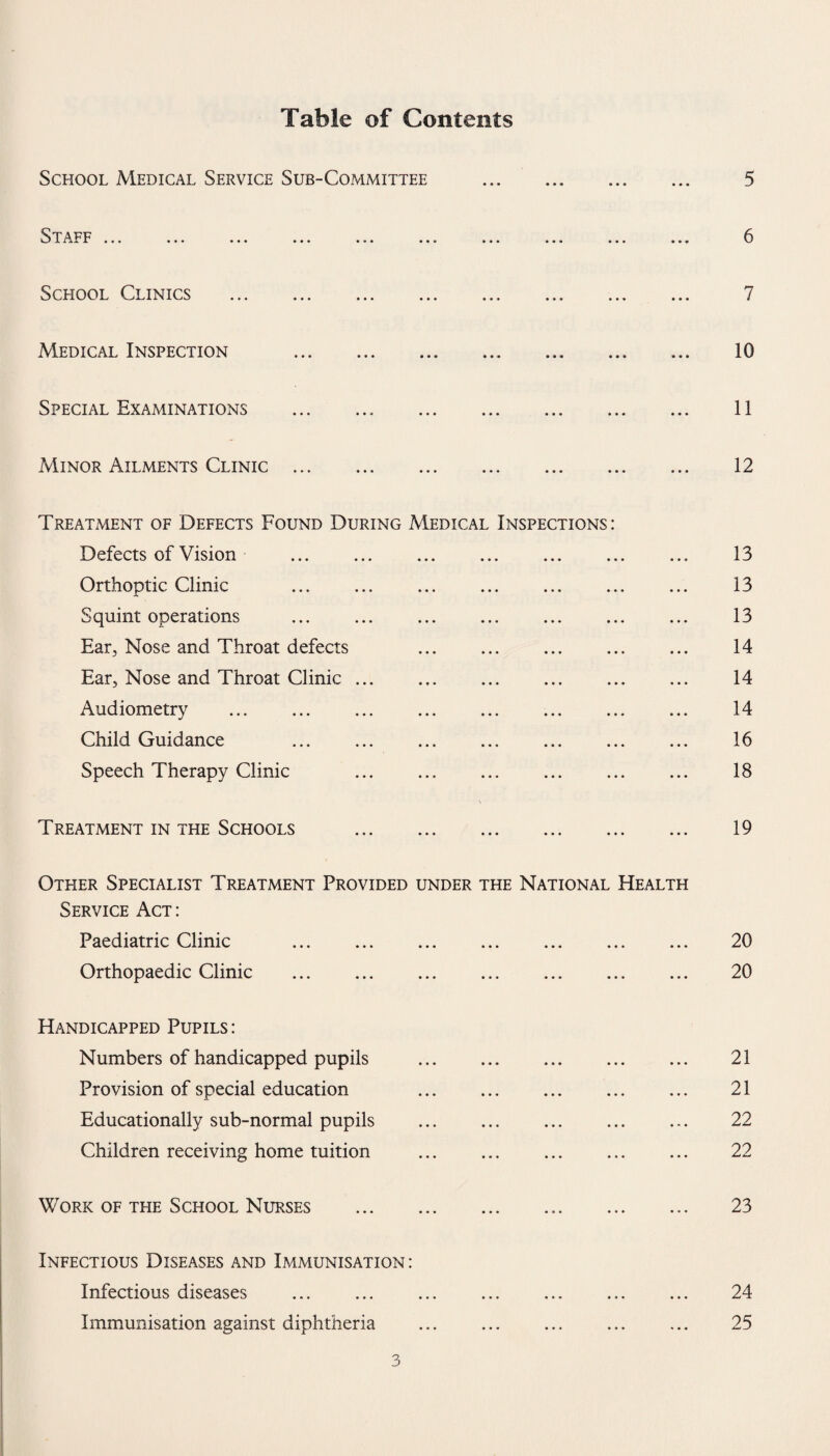 Table of Contents School Medical Service Sub-Committee . S1 An ..« •»* «.. *i* «•« . . . «.. ... *t* . » • School Clinics ... ... ... ... ... ... ... ... Medical Inspection . Special Examinations .. . Minor Ailments Clinic . Treatment of Defects Found During Medical Inspections: Defects of Vision ... . Orthoptic Clinic . ... . Squint operations ... ... . Ear, Nose and Throat defects . Ear, Nose and Throat Clinic ... . . Audiometry Child Guidance ... ... . Speech Therapy Clinic ... . . Treatment in the Schools . Other Specialist Treatment Provided under the National Health Service Act : Paediatric Clinic . Orthopaedic Clinic . Handicapped Pupils : Numbers of handicapped pupils . Provision of special education . Educationally sub-normal pupils ... . . Children receiving home tuition ... ... . Work of the School Nurses . Infectious Diseases and Immunisation: Infectious diseases ... ... ... . Immunisation against diphtheria