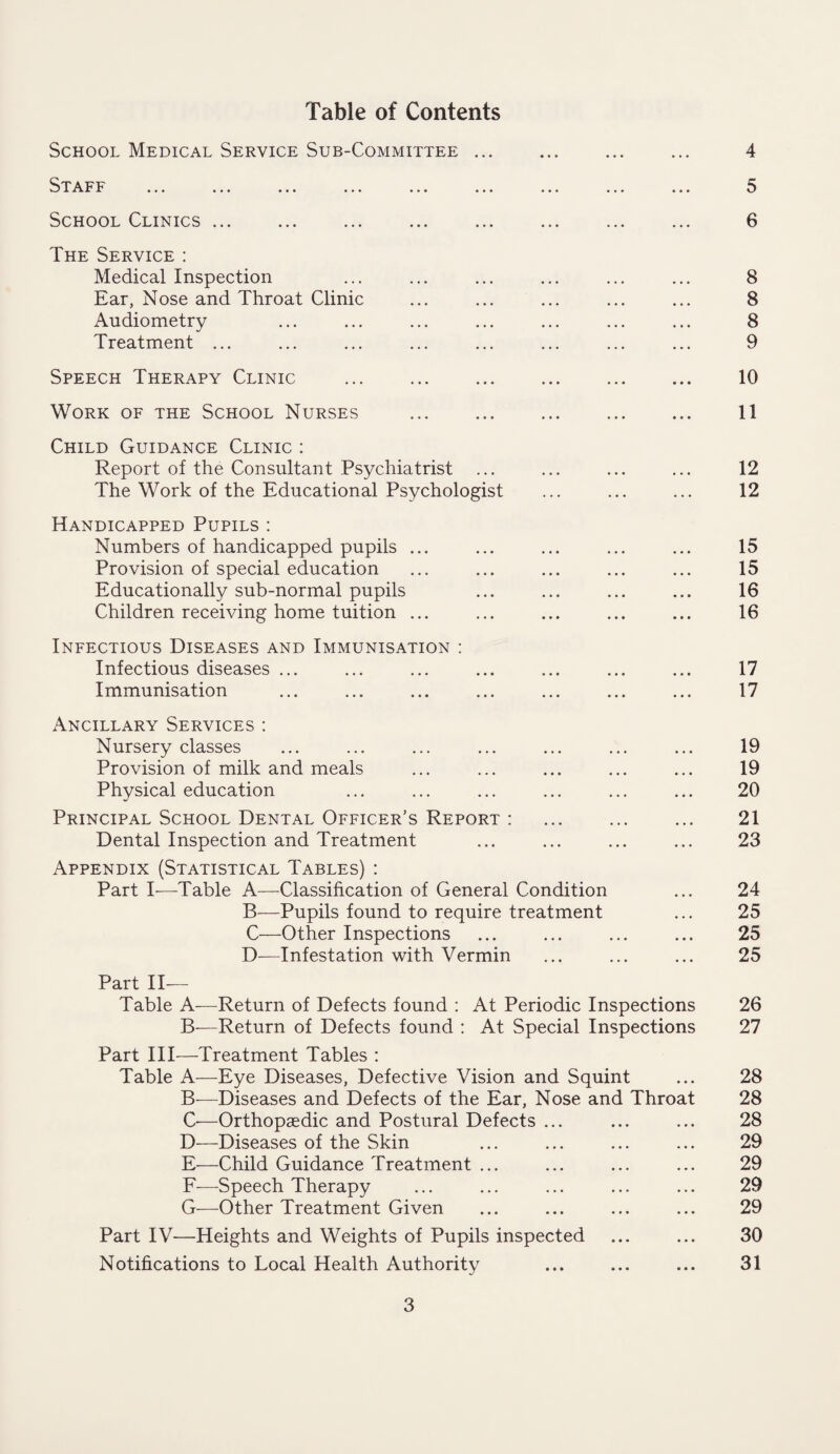 Table of Contents School Medical Service Sub-Committee ... S 'I' A I*' I*' ... ... ... ... ... ... ... ... ... School Clinics ... The Service : Medical Inspection Ear, Nose and Throat Clinic Audiometry Treatment ... ... ... ... ... ... ... ... Speech Therapy Clinic . Work of the School Nurses ... ... ... . Child Guidance Clinic : Report of the Consultant Psychiatrist ... The Work of the Educational Psychologist Handicapped Pupils : Numbers of handicapped pupils ... Provision of special education Educationally sub-normal pupils Children receiving home tuition ... Infectious Diseases and Immunisation : Infectious diseases ... Immunisation Ancillary Services : Nursery classes Provision of milk and meals Physical education Principal School Dental Officer’s Report : Dental Inspection and Treatment Appendix (Statistical Tables) : Part I—Table A—Classification of General Condition B—Pupils found to require treatment C—Other Inspections D—Infestation with Vermin Part II— Table A—Return of Defects found : At Periodic Inspections B—Return of Defects found : At Special Inspections Part III—Treatment Tables : Table A—Eye Diseases, Defective Vision and Squint B—Diseases and Defects of the Ear, Nose and Throat G—Orthopaedic and Postural Defects ... D—Diseases of the Skin E—Child Guidance Treatment ... F—Speech Therapy G—Other Treatment Given Part IV—Heights and Weights of Pupils inspected Notifications to Local Health Authority 4 5 6 8 8 8 9 10 11 12 12 15 15 16 16 17 17 19 19 20 21 23 24 25 25 25 26 27 28 28 28 29 29 29 29 30 31