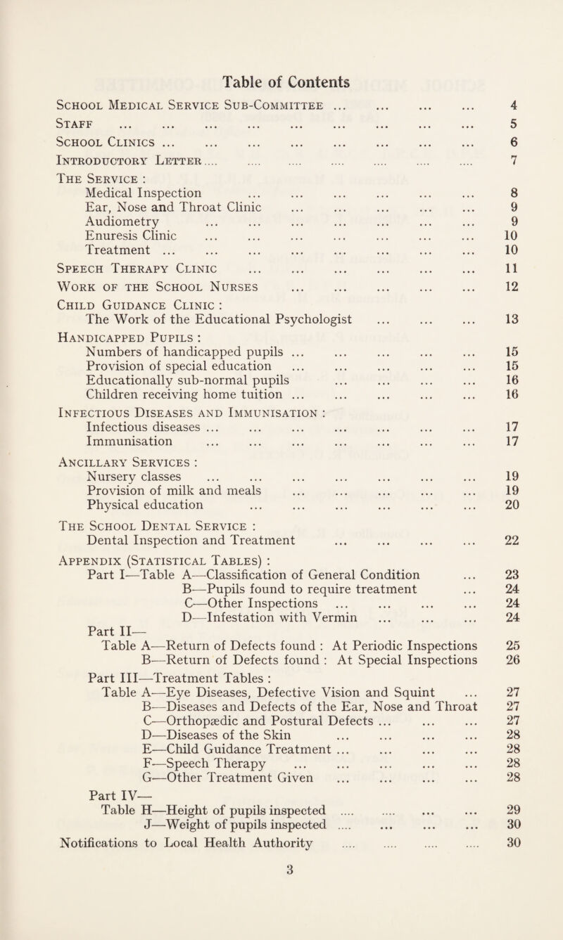 Table of Contents School Medical Service Sub-Committee. Staff ... ■ * * ... . *» * • * «.. «.« * * * «. * School Clinics ... ... ... ... ... ... ... ... Introductory Letter.... . The Service : Medical Inspection Ear, Nose and Throat Clinic Audiometry Enuresis Clinic Treatment ... ... ... ... ... ... ... ... Speech Therapy Clinic . Work of the School Nurses Child Guidance Clinic : The Work of the Educational Psychologist Handicapped Pupils : Numbers of handicapped pupils ... Provision of special education Educationally sub-normal pupils Children receiving home tuition ... Infectious Diseases and Immunisation : Infectious diseases ... Immunisation Ancillary Services : Nursery classes Provision of milk and meals Physical education The School Dental Service : Dental Inspection and Treatment Appendix (Statistical Tables) : Part I—Table A—Classification of General Condition B—Pupils found to require treatment C—Other Inspections I)—Infestation with Vermin Part II— Table A—Return of Defects found : At Periodic Inspections B—Return of Defects found : At Special Inspections Part III—Treatment Tables : Table A—Eye Diseases, Defective Vision and Squint B—Diseases and Defects of the Ear, Nose and Throat C—Orthopsedic and Postural Defects ... D—Diseases of the Skin E—Child Guidance Treatment ... F-—Speech Therapy G—Other Treatment Given Part IV— Table H—Height of pupils inspected . J—Weight of pupils inspected .... Notifications to Local Health Authority 4 5 6 7 8 9 9 10 10 11 12 13 15 15 16 16 17 17 19 19 20 22 23 24 24 24 25 26 27 27 27 28 28 28 28 29 30 30