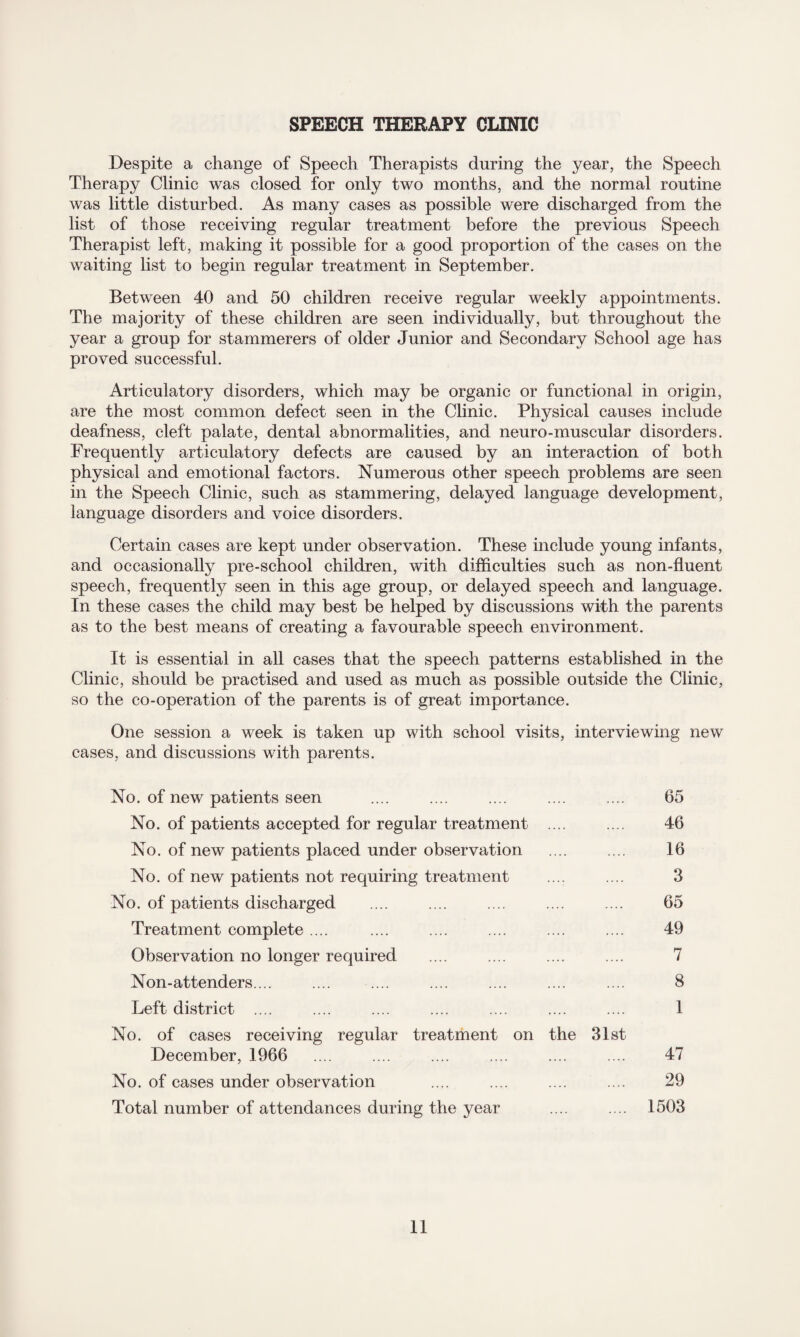 SPEECH THERAPY CLINIC Despite a change of Speech Therapists during the year, the Speech Therapy Clinic was closed for only two months, and the normal routine was little disturbed. As many cases as possible were discharged from the list of those receiving regular treatment before the previous Speech Therapist left, making it possible for a good proportion of the cases on the waiting list to begin regular treatment in September. Between 40 and 50 children receive regular weekly appointments. The majority of these children are seen individually, but throughout the year a group for stammerers of older Junior and Secondary School age has proved successful. Articulatory disorders, which may be organic or functional in origin, are the most common defect seen in the Clinic. Physical causes include deafness, cleft palate, dental abnormalities, and neuro-muscular disorders. Frequently articulatory defects are caused by an interaction of both physical and emotional factors. Numerous other speech problems are seen in the Speech Clinic, such as stammering, delayed language development, language disorders and voice disorders. Certain cases are kept under observation. These include young infants, and occasionally pre-school children, with difficulties such as non-fluent speech, frequently seen in this age group, or delayed speech and language. In these cases the child may best be helped by discussions with the parents as to the best means of creating a favourable speech environment. It is essential in all cases that the speech patterns established in the Clinic, should be practised and used as much as possible outside the Clinic, so the co-operation of the parents is of great importance. One session a week is taken up with school visits, interviewing new cases, and discussions with parents. No. of new patients seen .... .... .... .... .... 65 No. of patients accepted for regular treatment .... .... 46 No. of new patients placed under observation .... .... 16 No. of new patients not requiring treatment .... .... 3 No. of patients discharged .... .... .... .... .... 65 Treatment complete .... .... .... .... .... .... 49 Observation no longer required .... .... .... .... 7 Non-attendees.... .... .... .... .... .... .... 8 Left district .... .... .... .... .... .... .... 1 No. of cases receiving regular treatment on the 31st December, 1966 .... .... .... .... .... .... 47 No. of cases under observation .... .... .... .... 29 Total number of attendances during the year .... .... 1503