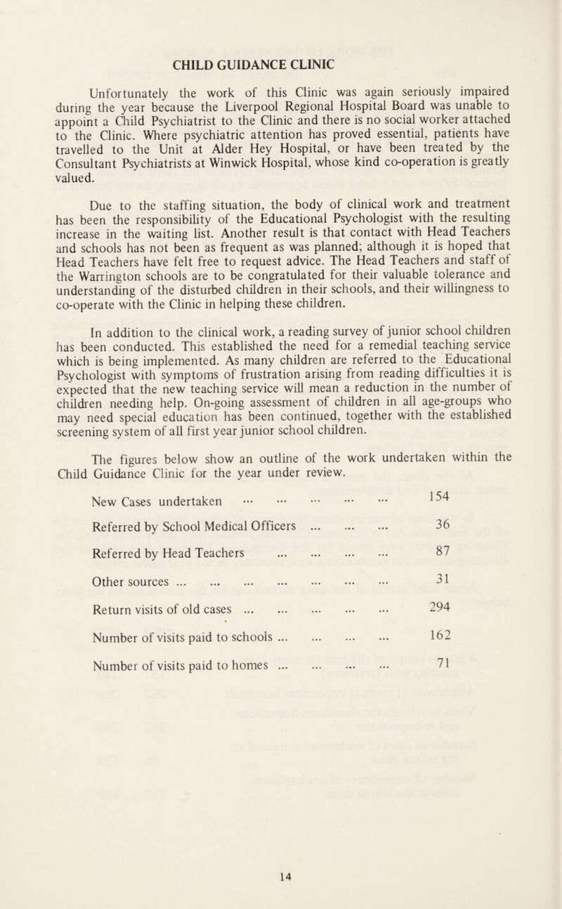 CHILD GUIDANCE CLINIC Unfortunately the work of this Clinic was again seriously impaired during the year because the Liverpool Regional Hospital Board was unable to appoint a Child Psychiatrist to the Clinic and there is no social worker attached to the Clinic. Where psychiatric attention has proved essential, patients have travelled to the Unit at Alder Hey Hospital, or have been treated by the Consultant Psychiatrists at Winwick Hospital, whose kind co-operation is greatly valued. Due to the staffing situation, the body of clinical work and treatment has been the responsibility of the Educational Psychologist with the resulting increase in the waiting list. Another result is that contact with Head Teachers and schools has not been as frequent as was planned; although it is hoped that Head Teachers have felt free to request advice. The Head Teachers and staff of the Warrington schools are to be congratulated for their valuable tolerance and understanding of the disturbed children in their schools, and their willingness to co-operate with the Clinic in helping these children. In addition to the clinical work, a reading survey of junior school children has been conducted. This established the need for a remedial teaching service which is being implemented. As many children are referred to the Educational Psychologist with symptoms of frustration arising from reading difficulties it is expected that the new teaching service will mean a reduction in the number of children needing help. On-going assessment of children in all age-groups who may need special education has been continued, together with the established screening system of all first year junior school children. The figures below show an outline of the work undertaken within the Child Guidance Clinic for the year under review. New Cases undertaken . Referred by School Medical Officers . 36 Referred by Head Teachers . 87 Other sources. 31 Return visits of old cases . 294 Number of visits paid to schools. 162 Number of visits paid to homes. 71