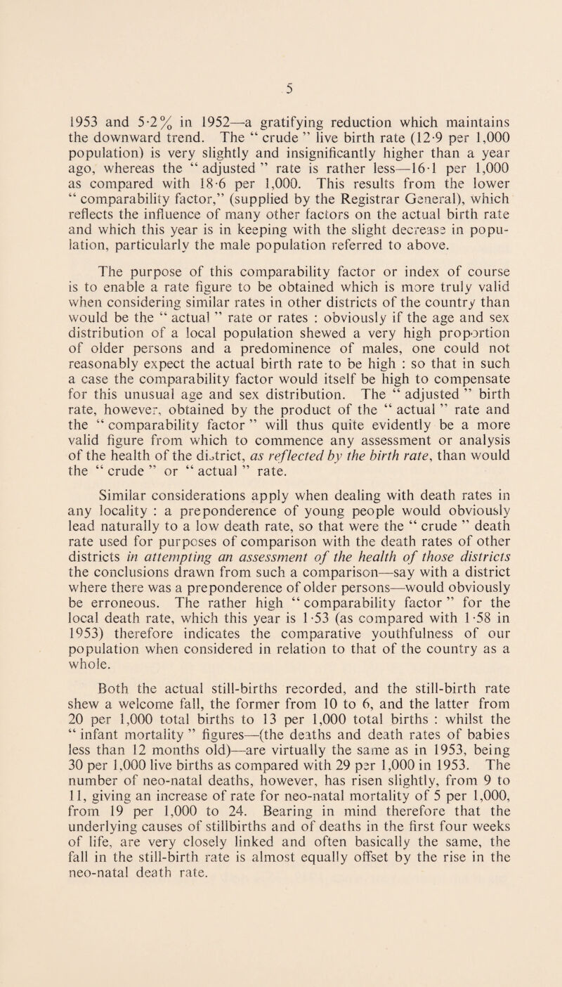 1953 and 5-2% in 1952—a gratifying reduction which maintains the downward trend. The “ crude ” live birth rate (12*9 per 1,000 population) is very slightly and insignificantly higher than a year ago, whereas the “adjusted” rate is rather less—16T per 1,000 as compared with 18-6 per 1,000. This results from the lower “ comparability factor,” (supplied by the Registrar General), which reflects the influence of many other factors on the actual birth rate and which this year is in keeping with the slight decrease in popu¬ lation, particularly the male population referred to above. The purpose of this comparability factor or index of course is to enable a rate figure to be obtained which is more truly valid when considering similar rates in other districts of the country than would be the “ actual ” rate or rates : obviously if the age and sex distribution of a local population shewed a very high proportion of older persons and a predominence of males, one could not reasonably expect the actual birth rate to be high : so that in such a case the comparability factor would itself be high to compensate for this unusual age and sex distribution. The “ adjusted ” birth rate, however, obtained by the product of the “ actual ” rate and the “comparability factor” will thus quite evidently be a more valid figure from which to commence any assessment or analysis of the health of the di^^trict, as reflected by the birth rate, than would the “ crude ” or “ actual ” rate. Similar considerations apply when dealing with death rates in any locality : a preponderence of young people would obviously lead naturally to a low death rate, so that were the “ crude ” death rate used for purposes of comparison with the death rates of other districts in attempting an assessment of the health of those districts the conclusions drawn from such a comparison—say with a district where there was a preponderence of older persons—would obviously be erroneous. The rather high “ comparability factor ” for the local death rate, which this year is 1-53 (as compared with 1-58 in 1953) therefore indicates the comparative youthfulness of our population when considered in relation to that of the country as a whole. Both the actual still-births recorded, and the still-birth rate shew a welcome fall, the former from 10 to 6, and the latter from 20 per 1,000 total births to 13 per 1,000 total births : whilst the “ infant mortality ” figures—(the deaths and death rates of babies less than 12 months old)—are virtually the same as in 1953, being 30 per 1,000 live births as compared with 29 per 1,000 in 1953. The number of neo-natal deaths, however, has risen slightly, from 9 to 11, giving an increase of rate for neo-natal mortality of 5 per 1,000, from 19 per 1,000 to 24. Bearing in mind therefore that the underlying causes of stillbirths and of deaths in the first four weeks of life, are very closely linked and often basically the same, the fall in the still-birth rate is almost equally offset by the rise in the neo-natal death rate.