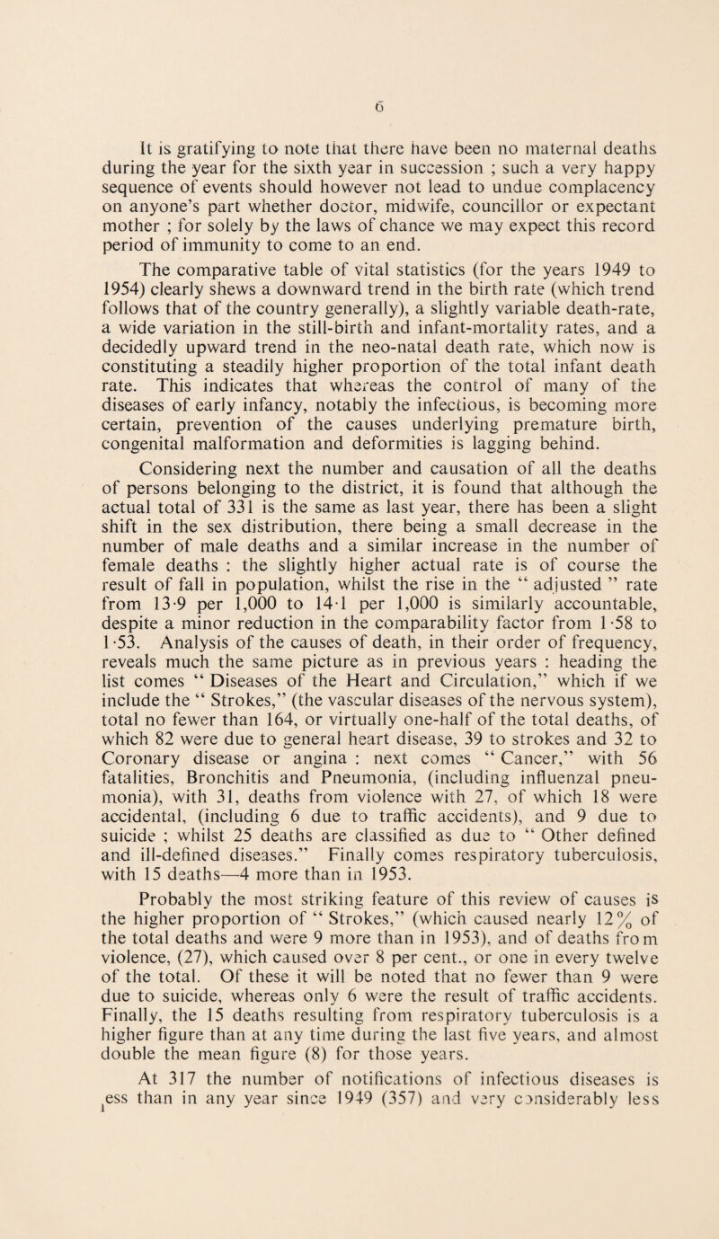 It is gratifying to note that there have been no maternai deaths during the year for the sixth year in succession ; such a very happy sequence of events should however not lead to undue complacency on anyone’s part whether doctor, midwife, councillor or expectant mother ; for solely by the laws of chance we may expect this record period of immunity to come to an end. The comparative table of vital statistics (for the years 1949 to 1954) clearly shews a downward trend in the birth rate (which trend follows that of the country generally), a slightly variable death-rate, a wide variation in the still-birth and infant-mortality rates, and a decidedly upward trend in the neo-natal death rate, which now is constituting a steadily higher proportion of the total infant death rate. This indicates that whereas the control of many of the diseases of early infancy, notably the infectious, is becoming more certain, prevention of the causes underlying premature birth, congenital malformation and deformities is lagging behind. Considering next the number and causation of all the deaths of persons belonging to the district, it is found that although the actual total of 331 is the same as last year, there has been a slight shift in the sex distribution, there being a small decrease in the number of male deaths and a similar increase in the number of female deaths : the slightly higher actual rate is of course the result of fall in population, whilst the rise in the “ adjusted ” rate from 13-9 per 1,000 to 14 T per 1,000 is similarly accountable, despite a minor reduction in the comparability factor from 1 -58 to 1 -53. Analysis of the causes of death, in their order of frequency, reveals much the same picture as in previous years : heading the list comes “ Diseases of the Heart and Circulation,” which if we include the “ Strokes,” (the vascular diseases of the nervous system), total no fewer than 164, or virtually one-half of the total deaths, of which 82 were due to general heart disease, 39 to strokes and 32 to Coronary disease or angina : next comes “ Cancer,” with 56 fatalities. Bronchitis and Pneumonia, (including influenzal pneu¬ monia), with 31, deaths from violence with 27, of which 18 were accidental, (including 6 due to traffic accidents), and 9 due to suicide ; whilst 25 deaths are classified as due to “ Other defined and ill-defined diseases.” Finally comes respiratory tuberculosis, with 15 deaths—4 more than in 1953. Probably the most striking feature of this review of causes is the higher proportion of “ Strokes,” (which caused nearly 12% of the total deaths and were 9 more than in 1953), and of deaths from violence, (27), which caused over 8 per cent., or one in every twelve of the total. Of these it will be noted that no fewer than 9 were due to suicide, whereas only 6 were the result of traffic accidents. Finally, the 15 deaths resulting from respiratory tuberculosis is a higher figure than at any time during the last five years, and almost double the mean figure (8) for those years. At 317 the number of notifications of infectious diseases is ^ess than in any year since 1949 (357) and very cansiderably less
