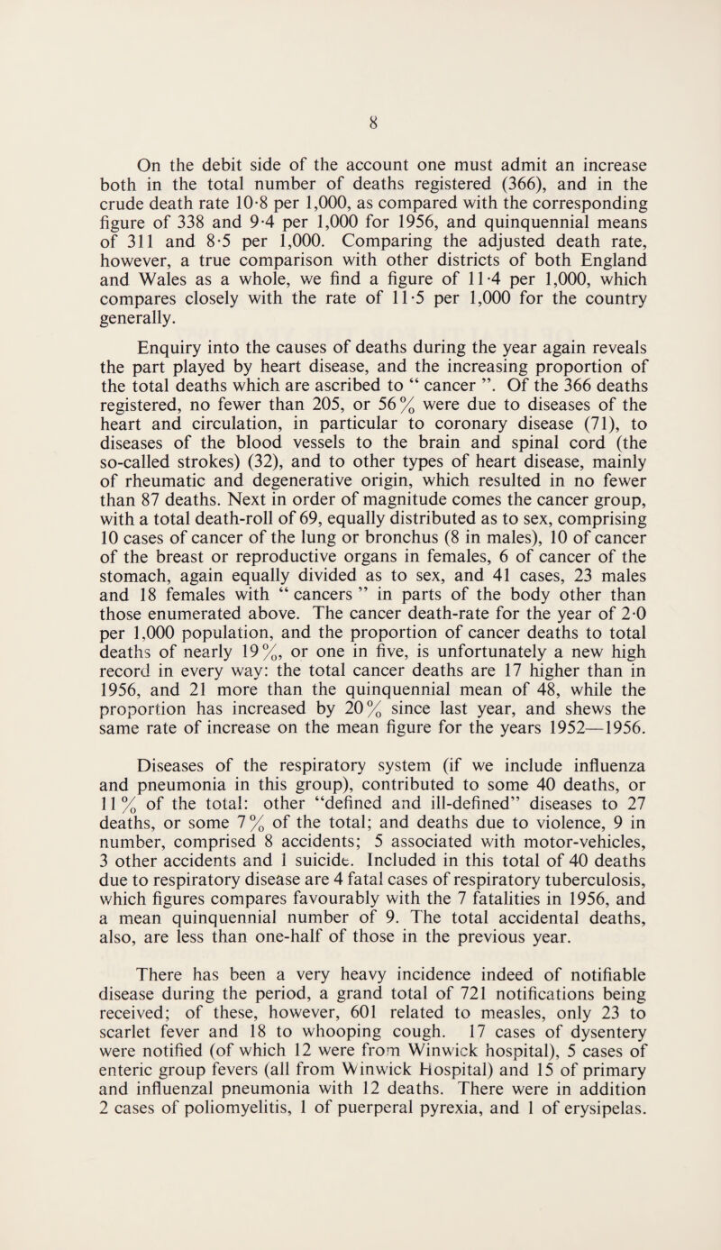 On the debit side of the account one must admit an increase both in the total number of deaths registered (366), and in the crude death rate 10-8 per 1,000, as compared with the corresponding figure of 338 and 94 per 1,000 for 1956, and quinquennial means of 311 and 8-5 per 1,000. Comparing the adjusted death rate, however, a true comparison with other districts of both England and Wales as a whole, we find a figure of 114 per 1,000, which compares closely with the rate of 11-5 per 1,000 for the country generally. Enquiry into the causes of deaths during the year again reveals the part played by heart disease, and the increasing proportion of the total deaths which are ascribed to “ cancer Of the 366 deaths registered, no fewer than 205, or 56% were due to diseases of the heart and circulation, in particular to coronary disease (71), to diseases of the blood vessels to the brain and spinal cord (the so-called strokes) (32), and to other types of heart disease, mainly of rheumatic and degenerative origin, which resulted in no fewer than 87 deaths. Next in order of magnitude comes the cancer group, with a total death-roll of 69, equally distributed as to sex, comprising 10 cases of cancer of the lung or bronchus (8 in males), 10 of cancer of the breast or reproductive organs in females, 6 of cancer of the stomach, again equally divided as to sex, and 41 cases, 23 males and 18 females with “cancers ” in parts of the body other than those enumerated above. The cancer death-rate for the year of 2*0 per 1,000 population, and the proportion of cancer deaths to total deaths of nearly 19%, or one in five, is unfortunately a new high record in every way: the total cancer deaths are 17 higher than in 1956, and 21 more than the quinquennial mean of 48, while the proportion has increased by 20% since last year, and shews the same rate of increase on the mean figure for the years 1952—1956. Diseases of the respiratory system (if we include influenza and pneumonia in this group), contributed to some 40 deaths, or 11% of the total: other “defined and ill-defined” diseases to 27 deaths, or some 7% of the total; and deaths due to violence, 9 in number, comprised 8 accidents; 5 associated with motor-vehicles, 3 other accidents and 1 suicide. Included in this total of 40 deaths due to respiratory disease are 4 fatal cases of respiratory tuberculosis, which figures compares favourably with the 7 fatalities in 1956, and a mean quinquennial number of 9. The total accidental deaths, also, are less than one-half of those in the previous year. There has been a very heavy incidence indeed of notifiable disease during the period, a grand total of 721 notifications being received; of these, however, 601 related to measles, only 23 to scarlet fever and 18 to whooping cough. 17 cases of dysentery were notified (of which 12 were from Win wick hospital), 5 cases of enteric group fevers (all from Winwick Hospital) and 15 of primary and influenzal pneumonia with 12 deaths. There were in addition 2 cases of poliomyelitis, 1 of puerperal pyrexia, and 1 of erysipelas.