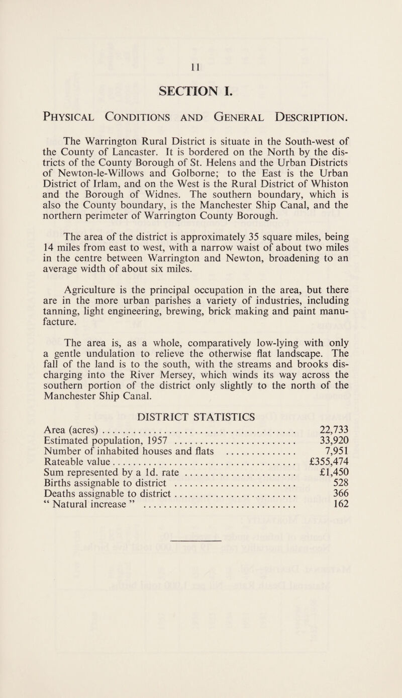 SECTION I. Physical Conditions and General Description. The Warrington Rural District is situate in the South-west of the County of Lancaster. It is bordered on the North by the dis¬ tricts of the County Borough of St. Helens and the Urban Districts of Newton-le-Willows and Golborne; to the East is the Urban District of Irlam, and on the West is the Rural District of Whiston and the Borough of Widnes. The southern boundary, which is also the County boundary, is the Manchester Ship Canal, and the northern perimeter of Warrington County Borough. The area of the district is approximately 35 square miles, being 14 miles from east to west, with a narrow waist of about two miles in the centre between Warrington and Newton, broadening to an average width of about six miles. Agriculture is the principal occupation in the area, but there are in the more urban parishes a variety of industries, including tanning, light engineering, brewing, brick making and paint manu¬ facture. The area is, as a whole, comparatively low-lying with only a gentle undulation to relieve the otherwise flat landscape. The fall of the land is to the south, with the streams and brooks dis¬ charging into the River Mersey, which winds its way across the southern portion of the district only slightly to the north of the Manchester Ship Canal. DISTRICT STATISTICS Area (acres). 22,733 Estimated population, 1957 .. 33,920 Number of inhabited houses and flats . 7,951 Rateable value. £355,474 Sum represented by a Id. rate... £1,450 Births assignable to district . 528 Deaths assignable to district. 366 “ Natural increase ” . 162
