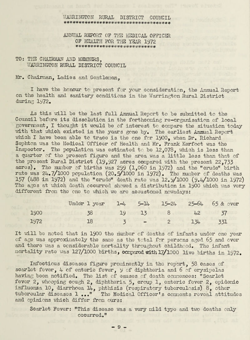 ANNUAL REPORT OP THE MEDICAL OFFICER OF HEALTH FOR THE YEAR 1972 V $ * * «< * # # # v * * * * $ * «t»!« V sje W V * * * $ TO: THE CHAIRMAN AND MEMBERS, WARRINGTON RURAL DISTRICT COUNCIL Mr. Chairnan, Ladies and Gentleman, I have the honour to present for your consideration, the Annual Report on the health and sanitary conditions in the YTarrington Rural District during 1972. As this will be the last full Annual Report to be submitted to the Council before its dissolution in the forthcoming re-organisation of local government, I thought it would be of interest to compare the situation today with that which existed in the years gone by. The earliest Annual Report which I have been able to trace is the one for 1900, when Dr. Richard Sephton was the Medical Officer of Health and Mr. Frank Kerfoot was the Inspector. The population was estimated to be 12,078, which is less than a quarter of the present figure and the area was a little less than that of the present Rural District (19,927 acres compared with the present 22,733 acres). The number of births was 299 (1,060 in 1972) and the *'crude birth rate was 24.7/1000 population (20.5/1000 in 1972) . The number of deaths was 157 (488 in 1972) and the crude death rate was 12.9/1000 (9.4/1000 in 1972) The ages at which death occurred showed a distribution in 1900 which was very different from the one to which we are accustomed nowadays: Under 1 year 1-4 5-14 15-24 25-64 65 & over 1900 38 19 13 8 42 37 1972 18 3 - 2 134 331 It will be noted that in 1900 the number of deaths of infants under one year of ago was approximately the same as the total for persons aged 65 and over and there was a considerable mortality throughout childhood. The infant mortality rate was 127/1000 births, oonparod with 17/1000 live births in 1972. Infectious diseases figure prominently in the report, 58 cases of scarlet fever, 4 of enteric fever, 9 of diphtheria and 6 of erysipelas having been notified. The list of causes of death commences: Scarlet fever 2, whooping cough 2, diphtheria 5, croup 1, enteric fever 2, epidemic influenza 10, diarrhoea 14, phthisis (respiratory tuberculosis) 8, other tubercular diseases 1 ... The Medical Officer’s comments reveal attitudes and opinions which differ from ours: Scarlet Fever: This disoase was a very mild typo and two deaths only occurred.