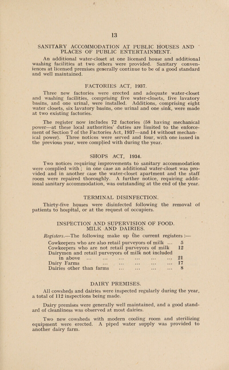 SANITARY ACCOMMODATION AT PUBLIC HOUSES AND PLACES OF PUBLIC ENTERTAINMENT. An additional water-closet at one licensed house and additional washing facilities at two others were provided. Sanitary conven¬ iences at licensed premises generally continue to be of a good standard and well maintained. FACTORIES ACT, 1937. Three new factories were erected and adequate water-closet and washing facilities, comprising five water-closets, five lavatory basins, and one urinal, were installed. Additions, comprising eight water closets, six lavatory basins, one urinal and one sink, were made at two existing factories. The register now includes 72 factories (58 having mechanical power—at these local authorities’ duties are limited to the enforce¬ ment of Section 7 of the Factories Act, 1937—and 14 without mechan¬ ical power). Three notices were served and four, with one issued in the previous year, were complied with during the year. SHOPS ACT, 1934. Two notices requiring improvements to sanitary accommodation were complied with ; in one case an additional water-closet was pro¬ vided and in another case the water-closet apartment and the staff room were repaired thoroughly. A further notice, requiring addit¬ ional sanitary accommodation, was outstanding at the end of the year. TERMINAL DISINFECTION. Thirty-five houses were disinfected following the removal of patients to hospital, or at the request of occupiers. INSPECTION AND SUPERVISION OF FOOD. MILK AND DAIRIES. Registers.—The following make up the current registers :— Cowkeepers who are also retail purveyors of milk ... 5 Cowkeepers who are not retail purveyors of milk 12 Dairymen and retail purveyors of milk not included in above ... ... ... ... ... ... 21 Dairy Farms ... ... ... ... ... 17 Dairies other than farms ... ... ... ... 8 DAIRY PREMISES. All cowsheds and dairies were inspected regularly during the year, a total of 112 inspections being made. Dairy premises were generally well maintained, and a good stand¬ ard of cleanliness was observed at most dairies. Two new cowsheds with modern cooling room and sterilizing equipment were erected. A piped water supply was provided to another dairy farm.