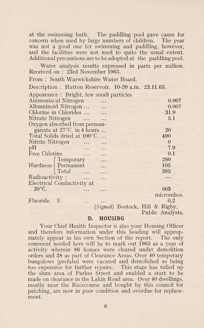 at the swimming bath. The paddling pool gave cause for concern when used by large numbers of children. The year was not a good one for swimming and paddling, however, and the facilities were not used to quite the usual extent. Additional precautions are to be adopted at the paddling pool. Water analysis results expressed in parts per million. Received on : 23rd November 1965. From : South Warwickshire Water Board. Description : Hatton Reservoir. 10-20 a.m. 23.11.65. Appearance : Bright, few small particles Ammoniacal Nitrogen ... 0.007 Albuminoid Nitrogen ... ... 0.007 Chlorine in Chlorides ... ... 31.9 Nitrate Nitrogen ...... 5.1 Oxygen absorbed from perman¬ ganate at 27°C. in 4 hours ... 20 Total Solids dried at 100°C. ... 490 Nitrite Nitrogen ...... 0 pH ... ... 7.0 Free Chlorine ...... 0.1 f Temporary ... 280 Hardness < Permanent ... 105 [Total ... ... 385 Radioactivity : ...... — Electrical Conductivity at 20°C. . 663 micromhos. Fluoride. F. ... ... 0.2 [Signed) Bostock, Hill & Rigby, Public Analysts. D. HOUSING Your Chief Health Inspector is also your Housing Officer and therefore information under this heading will approp¬ riately appear in his own Section of the report. The only comment needed here will be to mark out 1965 as a year of activity wherein 86 houses were cleared under demolition orders and 38 as part of Clearance Areas. Over 40 temporary bungalows (prefabs) were vacated and demolished as being too expensive for further repairs. This stage has tidied up the slum area of Parkes Street and enabled a start to be made on clearance in the Lakin Road area. Over 40 dwellings, mostly near the Racecourse and bought by this council for patching, are now in poor condition and overdue for replace¬ ment.