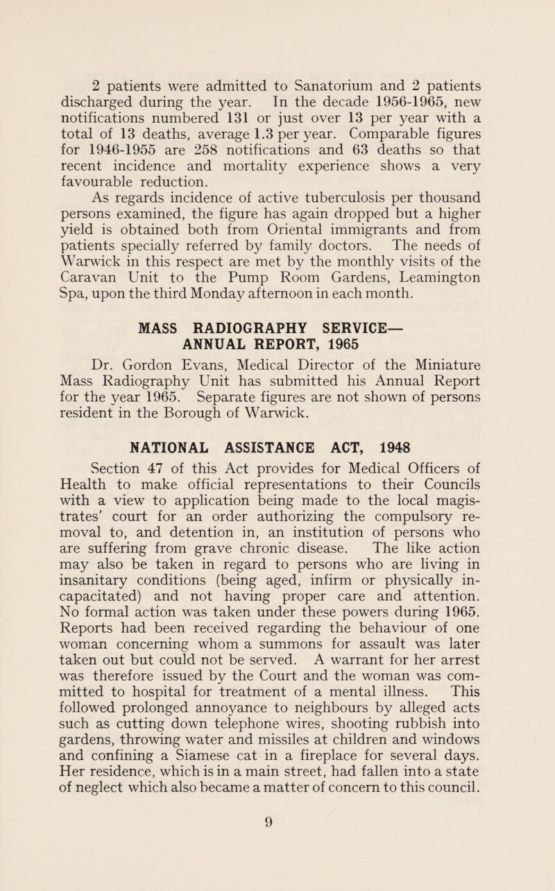 2 patients were admitted to Sanatorium and 2 patients discharged during the year. Tn the decade 1956-1965, new notifications numbered 131 or just over 13 per year with a total of 13 deaths, average 1.3 per year. Comparable figures for 1946-1955 are 258 notifications and 63 deaths so that recent incidence and mortality experience shows a very favourable reduction. As regards incidence of active tuberculosis per thousand persons examined, the figure has again dropped but a higher yield is obtained both from Oriental immigrants and from patients specially referred by family doctors. The needs of Warwick in this respect are met by the monthly visits of the Caravan Unit to the Pump Room Gardens, Leamington Spa, upon the third Monday afternoon in each month. MASS RADIOGRAPHY SERVICE- ANNUAL REPORT, 1965 Dr. Gordon Evans, Medical Director of the Miniature Mass Radiography Unit has submitted his Annual Report for the year 1965. Separate figures are not shown of persons resident in the Borough of Warwick. NATIONAL ASSISTANCE ACT, 1948 Section 47 of this Act provides for Medical Officers of Health to make official representations to their Councils with a view to application being made to the local magis¬ trates’ court for an order authorizing the compulsory re¬ moval to, and detention in, an institution of persons who are suffering from grave chronic disease. The like action may also be taken in regard to persons who are living in insanitary conditions (being aged, infirm or physically in¬ capacitated) and not having proper care and attention. No formal action was taken under these powers during 1965. Reports had been received regarding the behaviour of one woman concerning whom a summons for assault was later taken out but could not be served. A warrant for her arrest was therefore issued by the Court and the woman was com¬ mitted to hospital for treatment of a mental illness. This followed prolonged annoyance to neighbours by alleged acts such as cutting down telephone wires, shooting rubbish into gardens, throwing water and missiles at children and windows and confining a Siamese cat in a fireplace for several days. Her residence, which is in a main street, had fallen into a state of neglect which also became a matter of concern to this council.